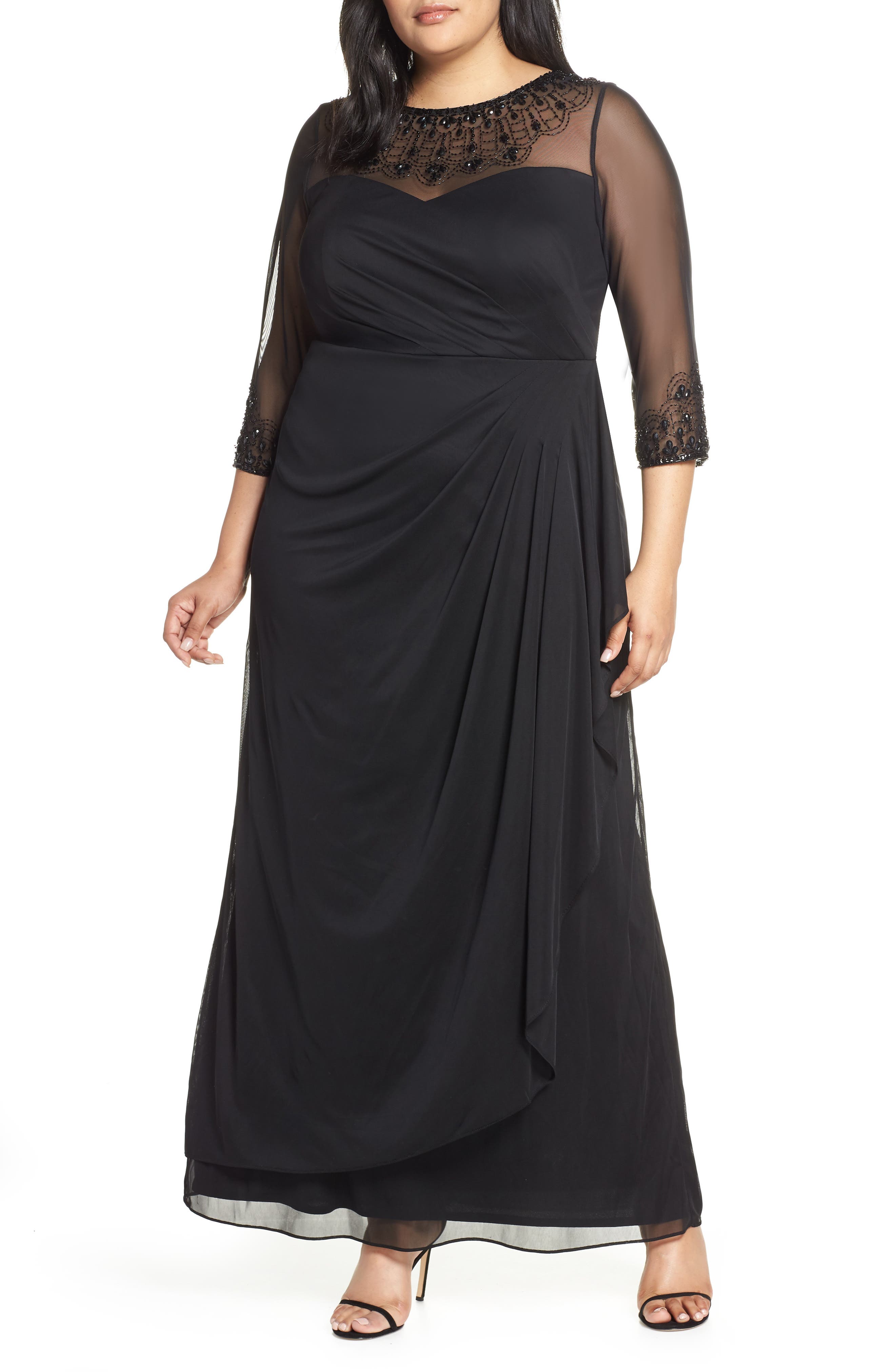 Plus Size Alex Evenings Beaded Illusion Neck A-Line Gown, Black