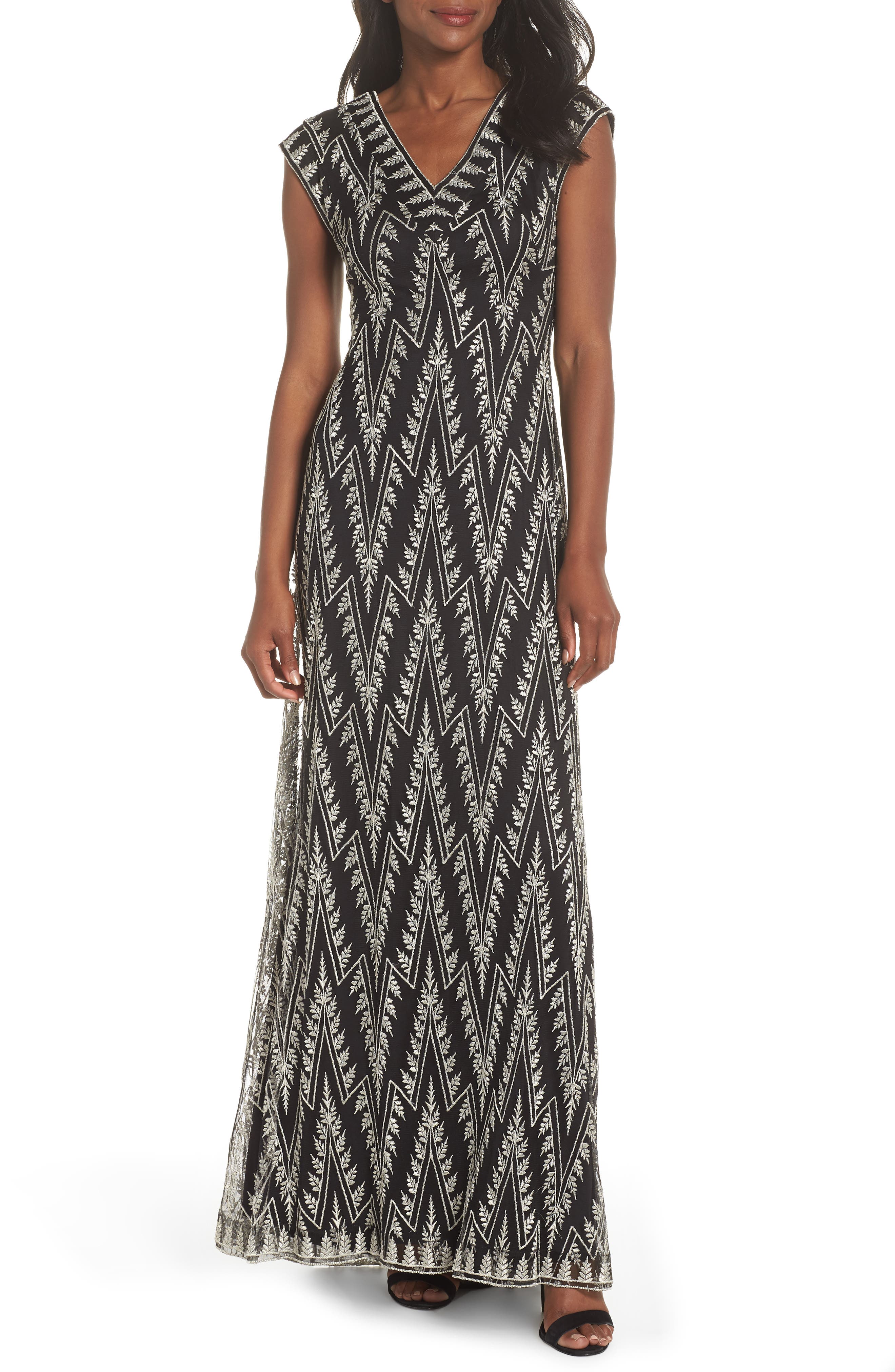Tadashi Shoji Embroidered V-Neck Gown, Black