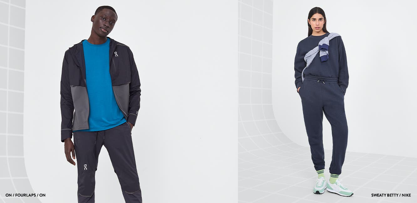 Man wearing running jacket, T-shirt and shorts. Woman wearing sweatshirt, sweatpants and running shoes.