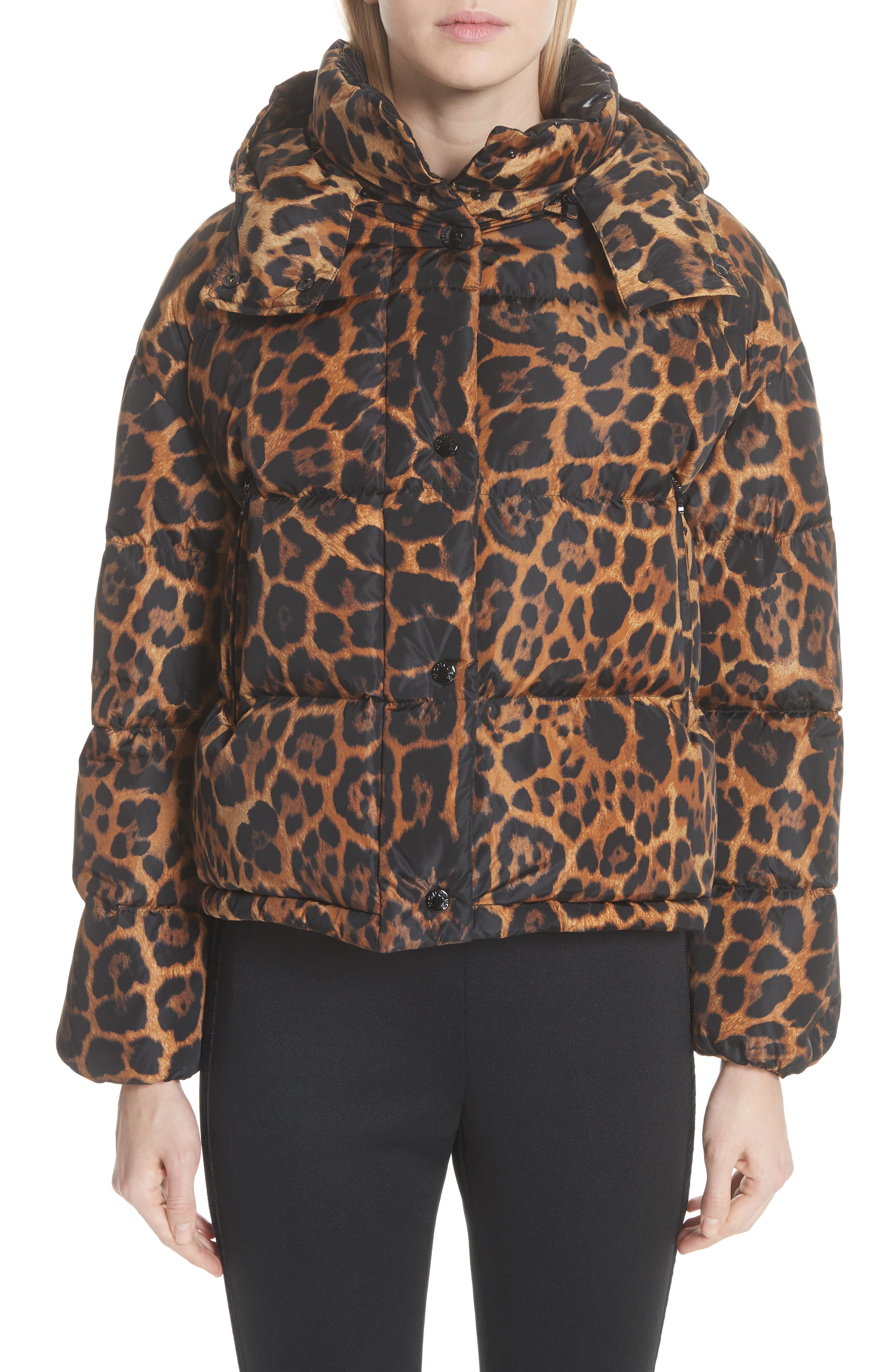 Moncler Caille Leopard Print Down Puffer Jacket, Brown