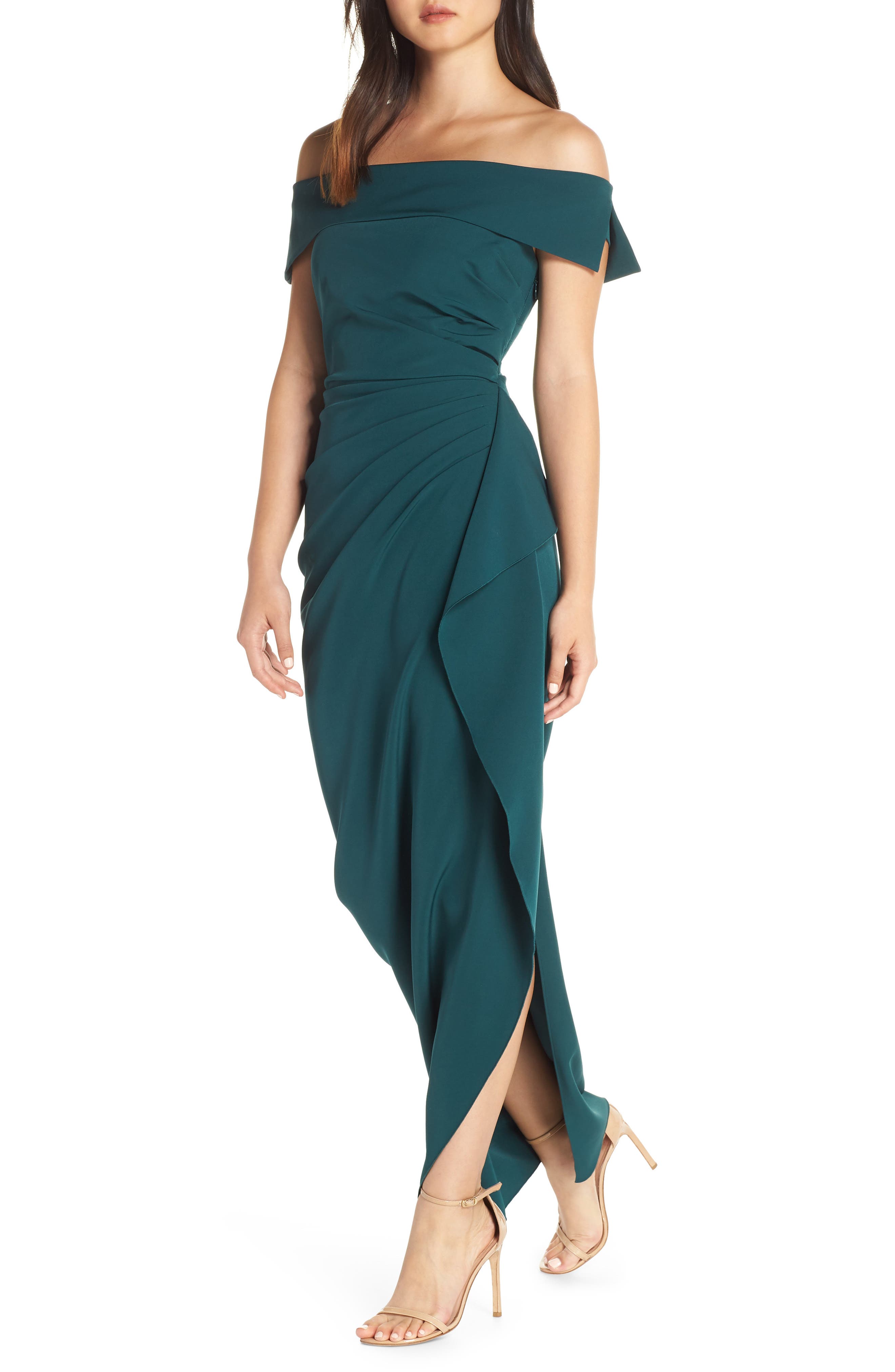 vince camuto off the shoulder crepe gown