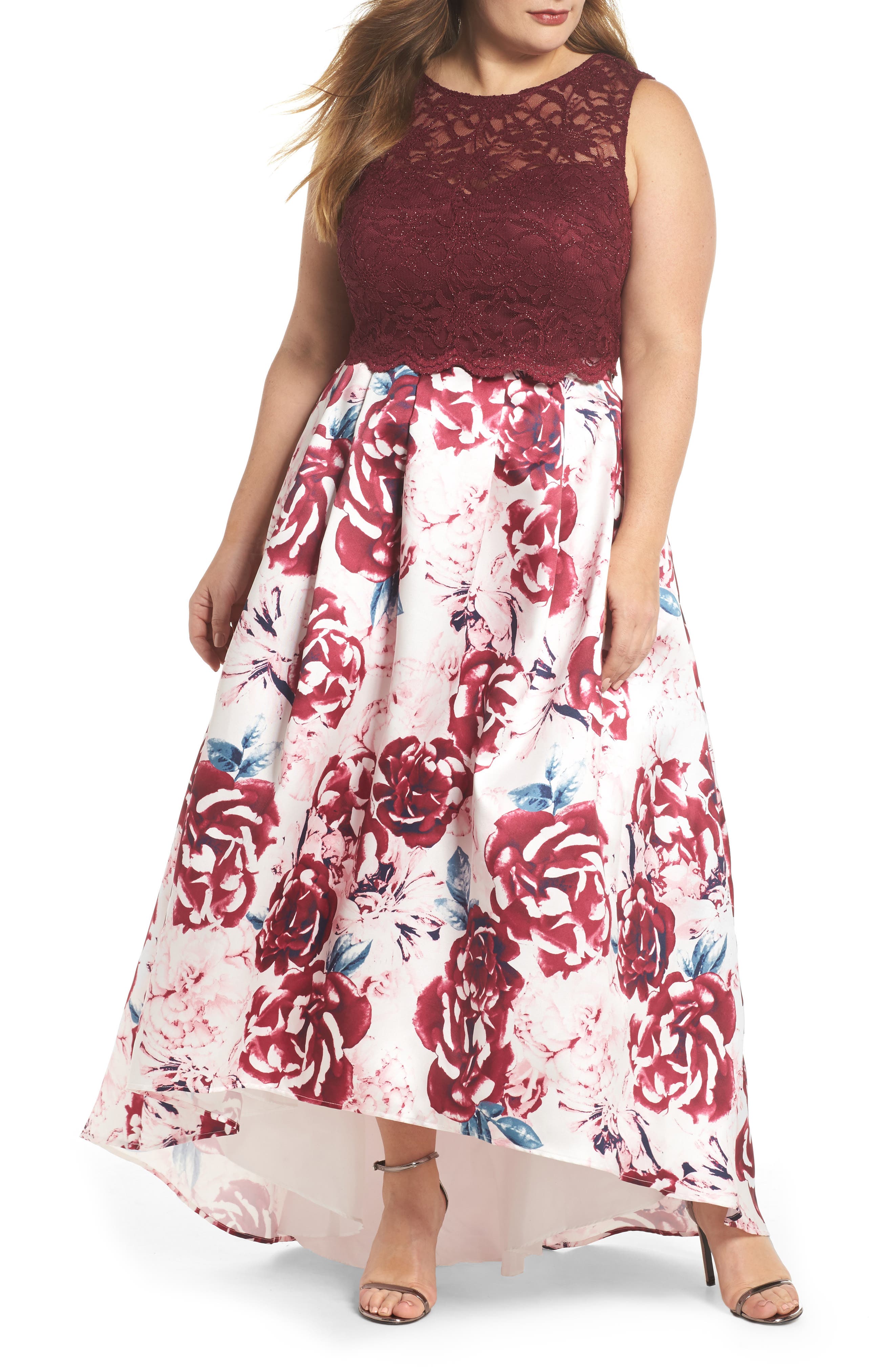 Plus Size Morgan & Co. Lace Top & Mikado Skirt Two-Piece Gown, Red