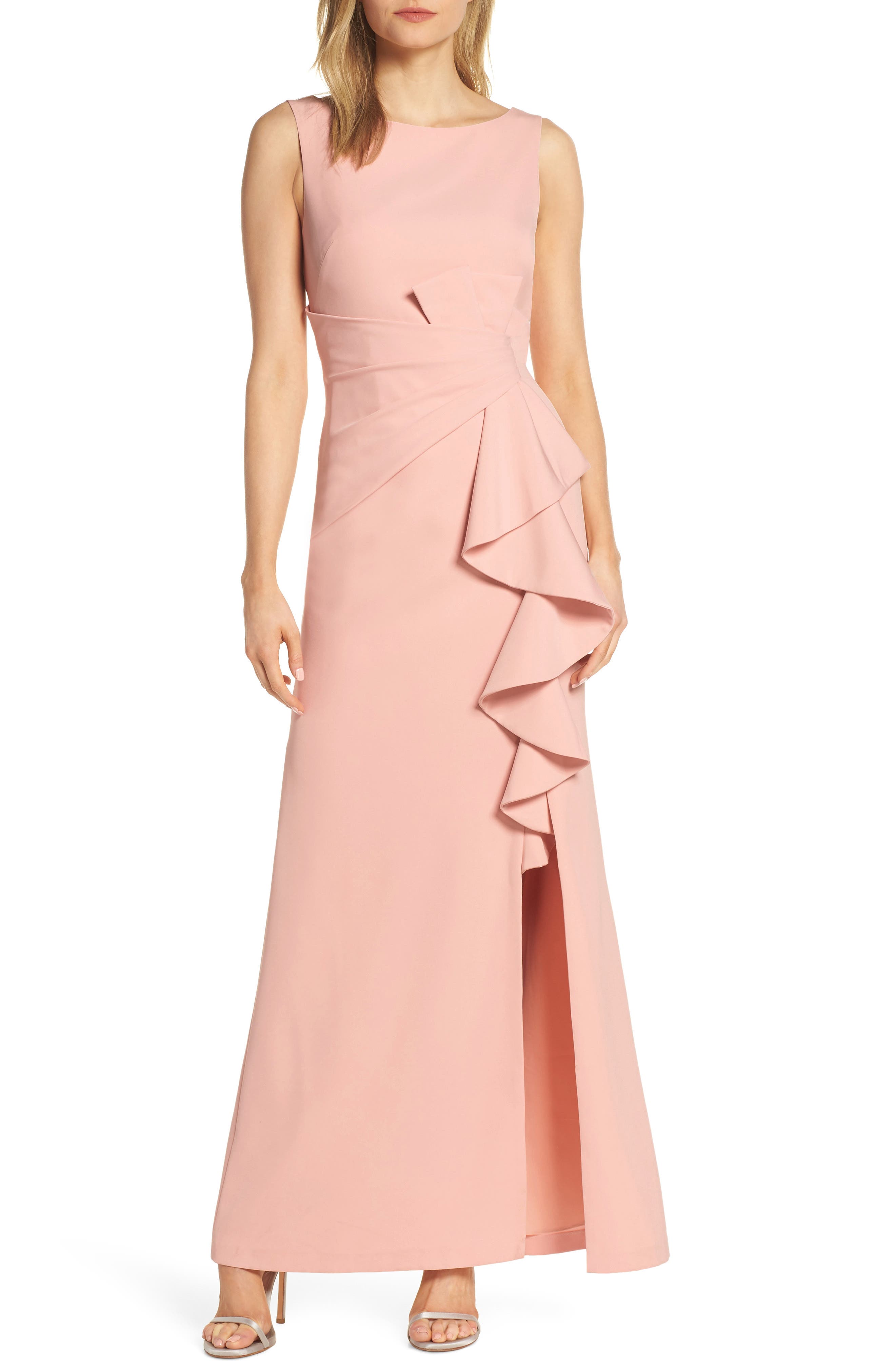 Petite Eliza J Ruffle Front Gown, Pink