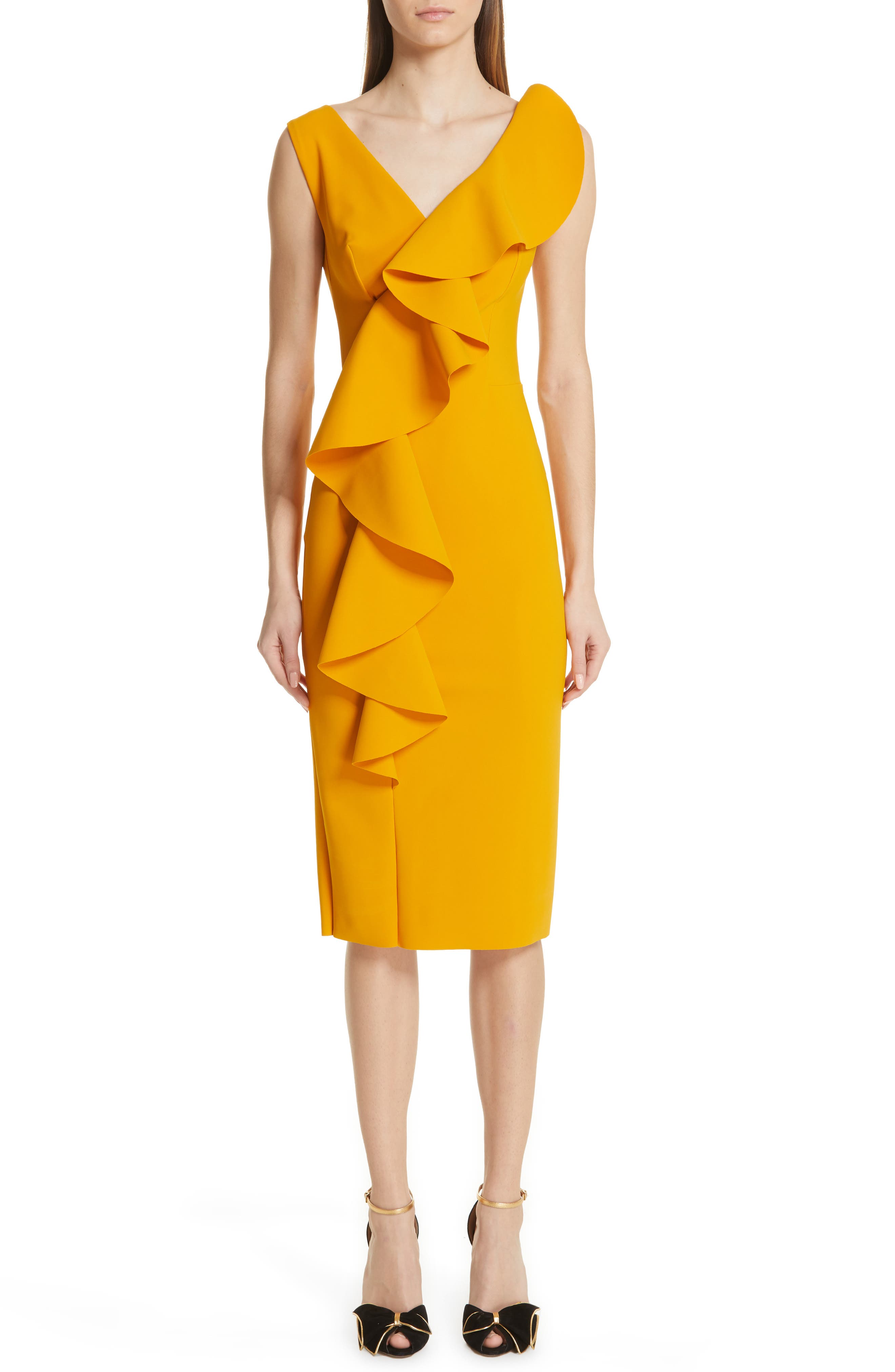 Chiara Boni La Petite Robe Janka Ruffle Midi Cocktail Dress, 8 IT - Yellow
