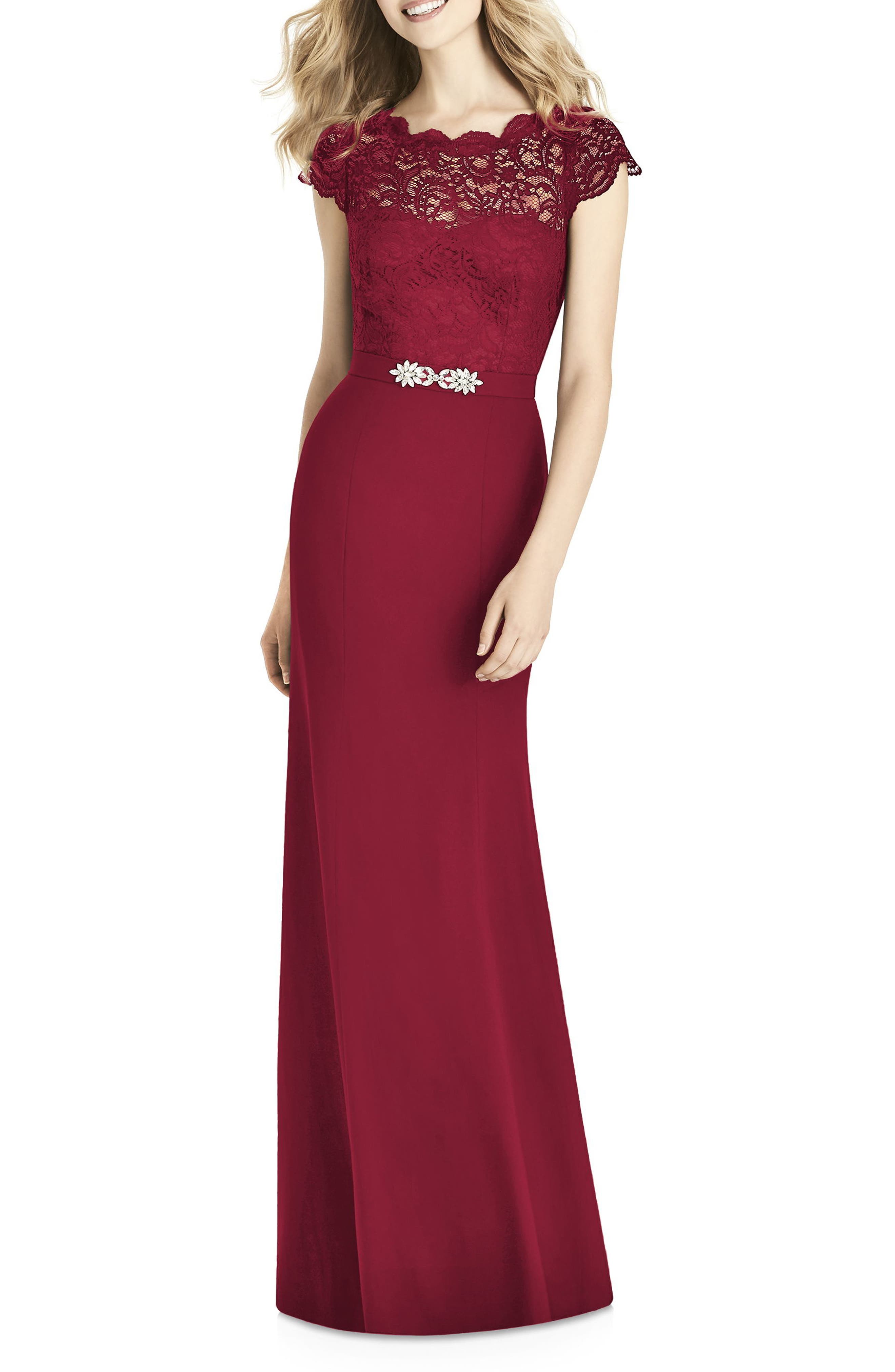 Jenny Packham Lace & Crepe Sheath Gown, Burgundy