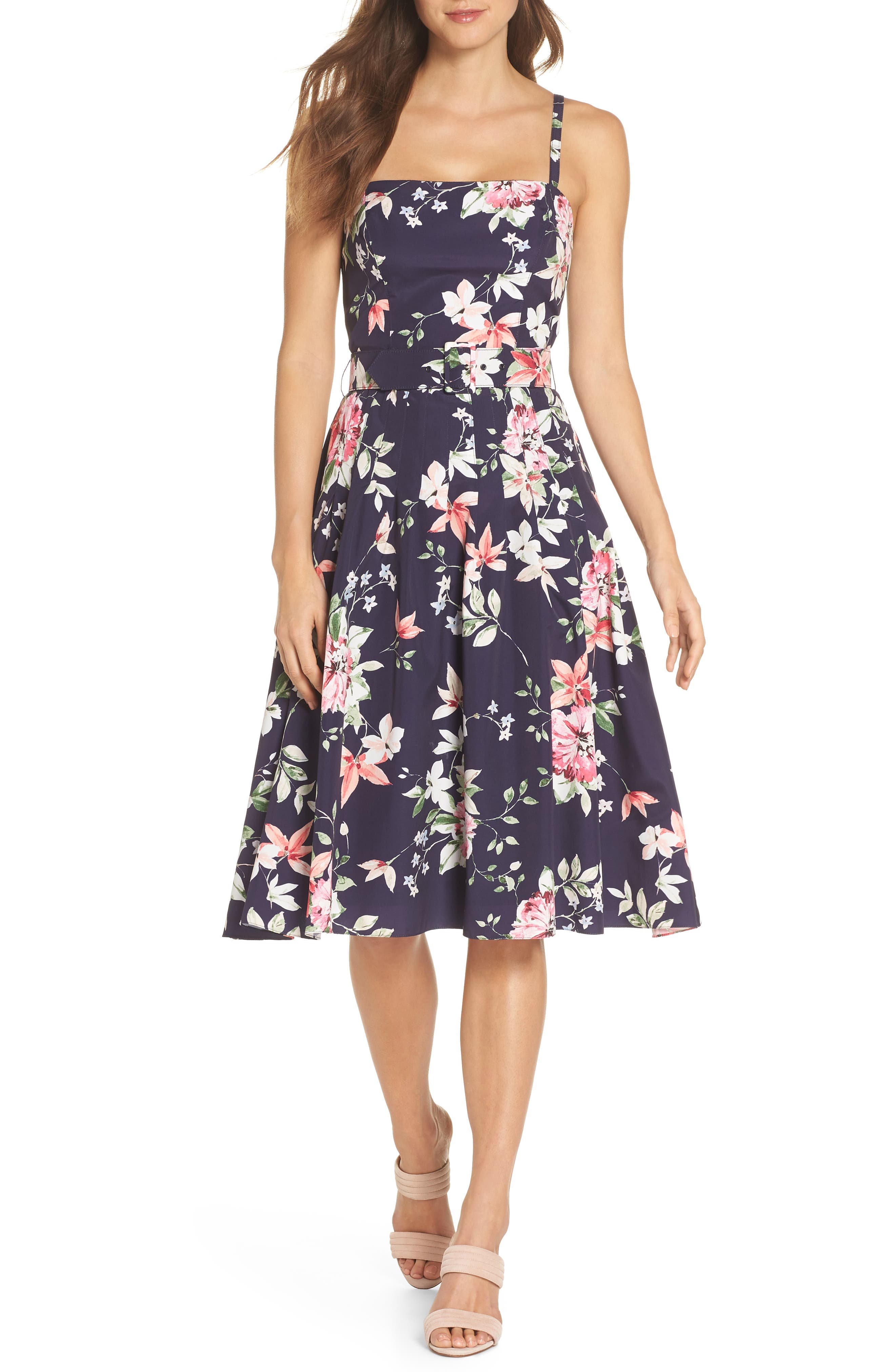 Eliza J Floral Belted Fit & Flare Dress, Blue
