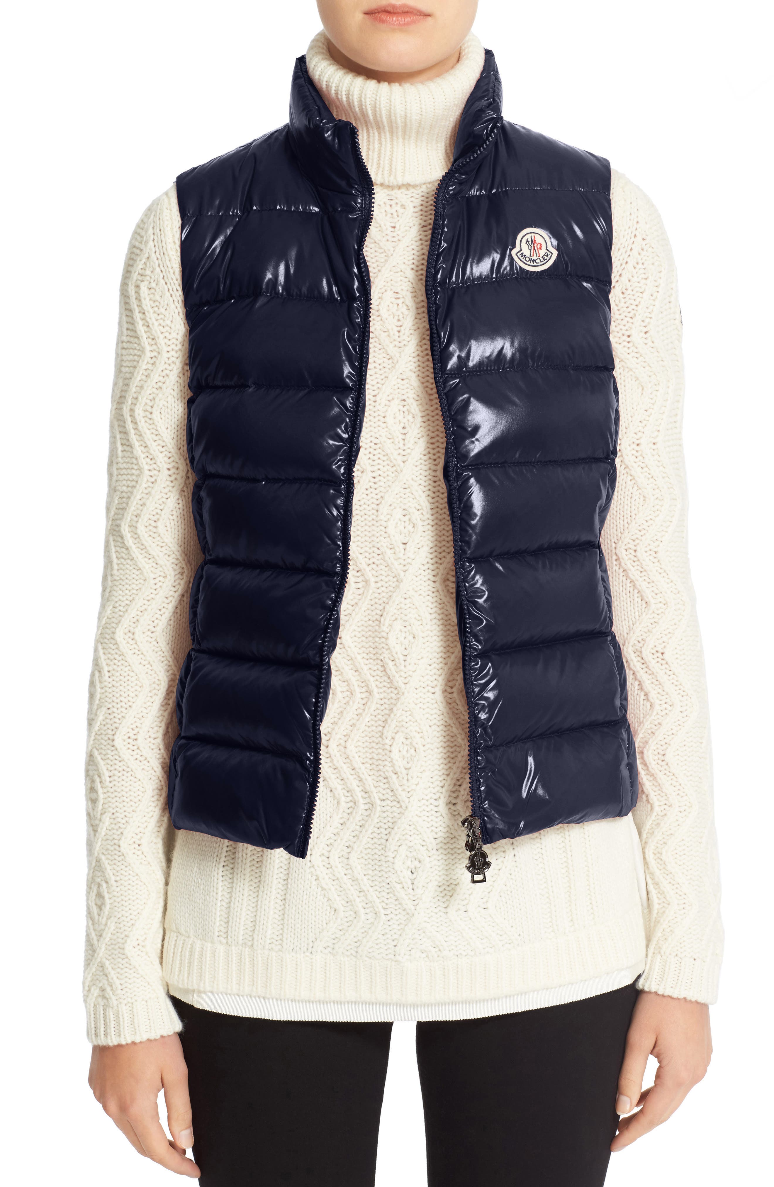 Moncler Ghany Water Resistant Shiny Nylon Down Puffer Vest, Blue