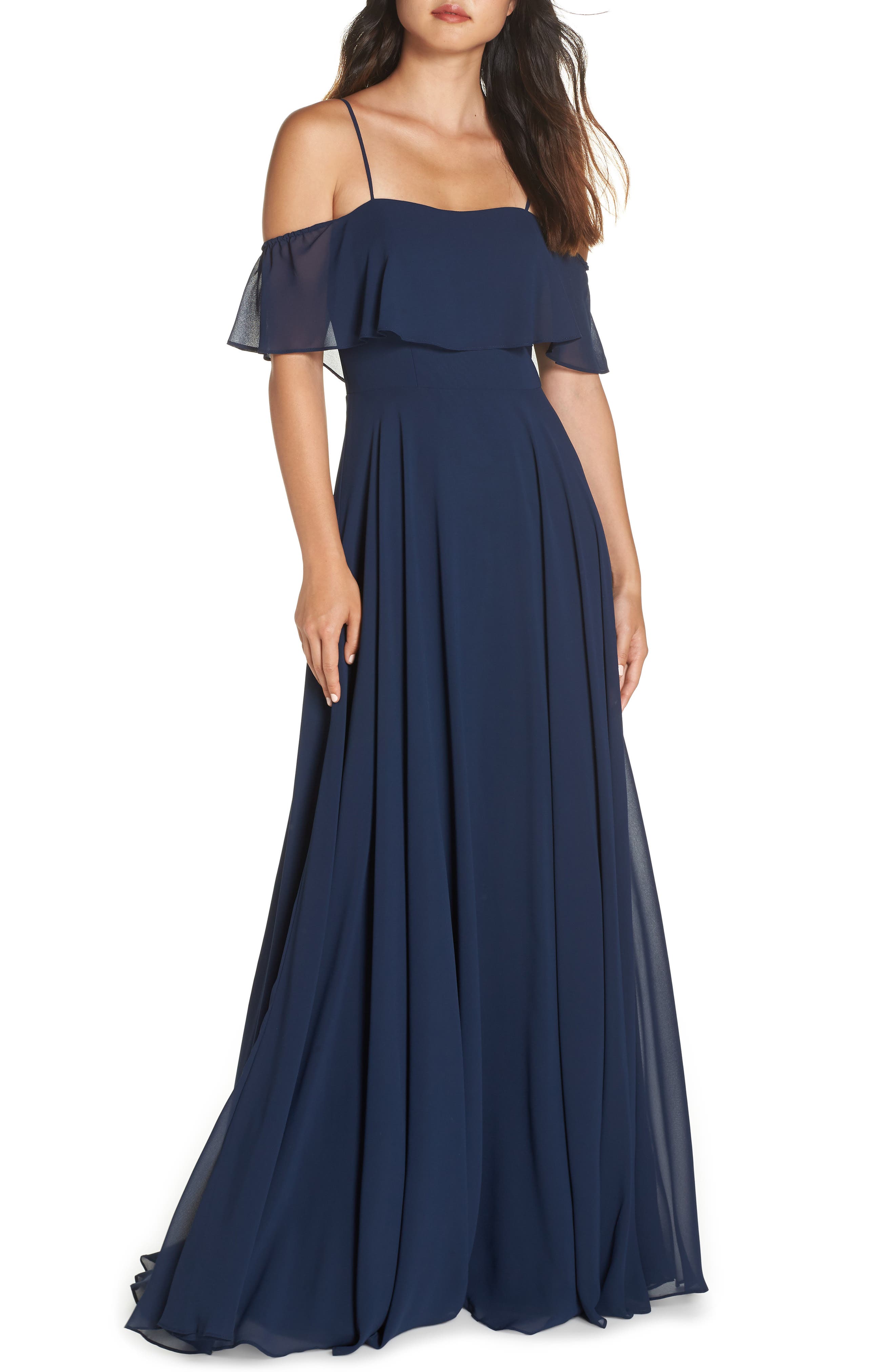 Hayley Paige Occasions Chiffon Cold Shoulder Gown, Blue