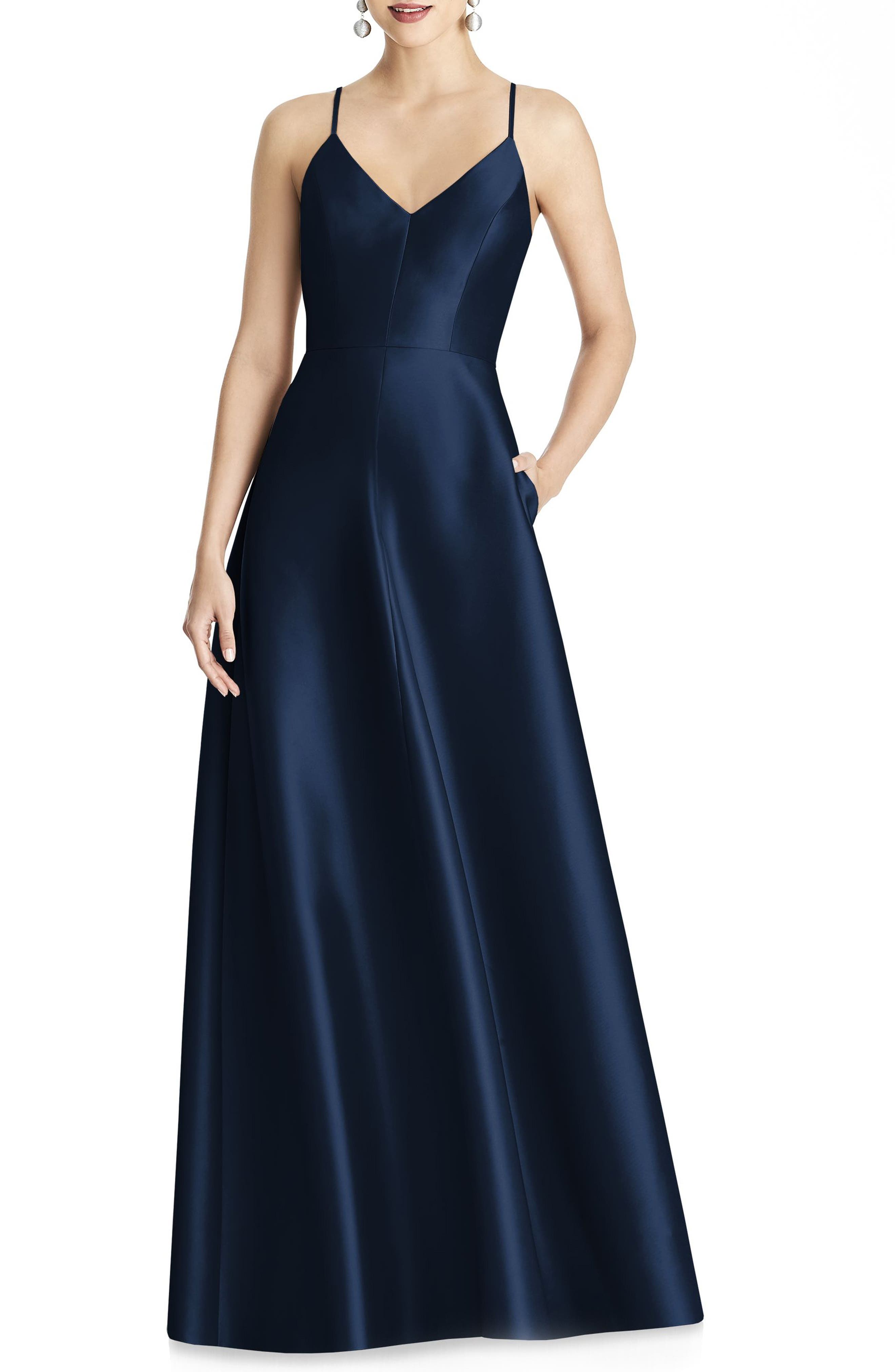 Alfred Sung Strappy Sateen A-Line Gown, Blue
