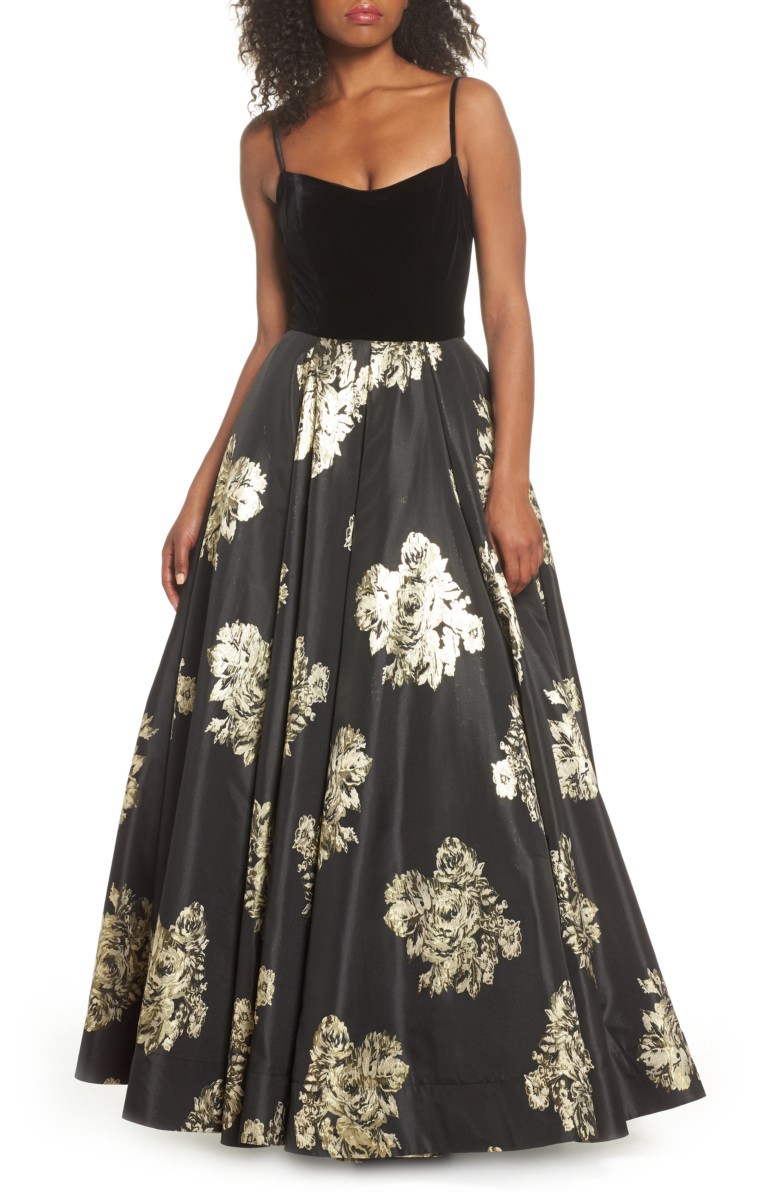 MAC Duggal Velvet & Floral Ballgown, Black