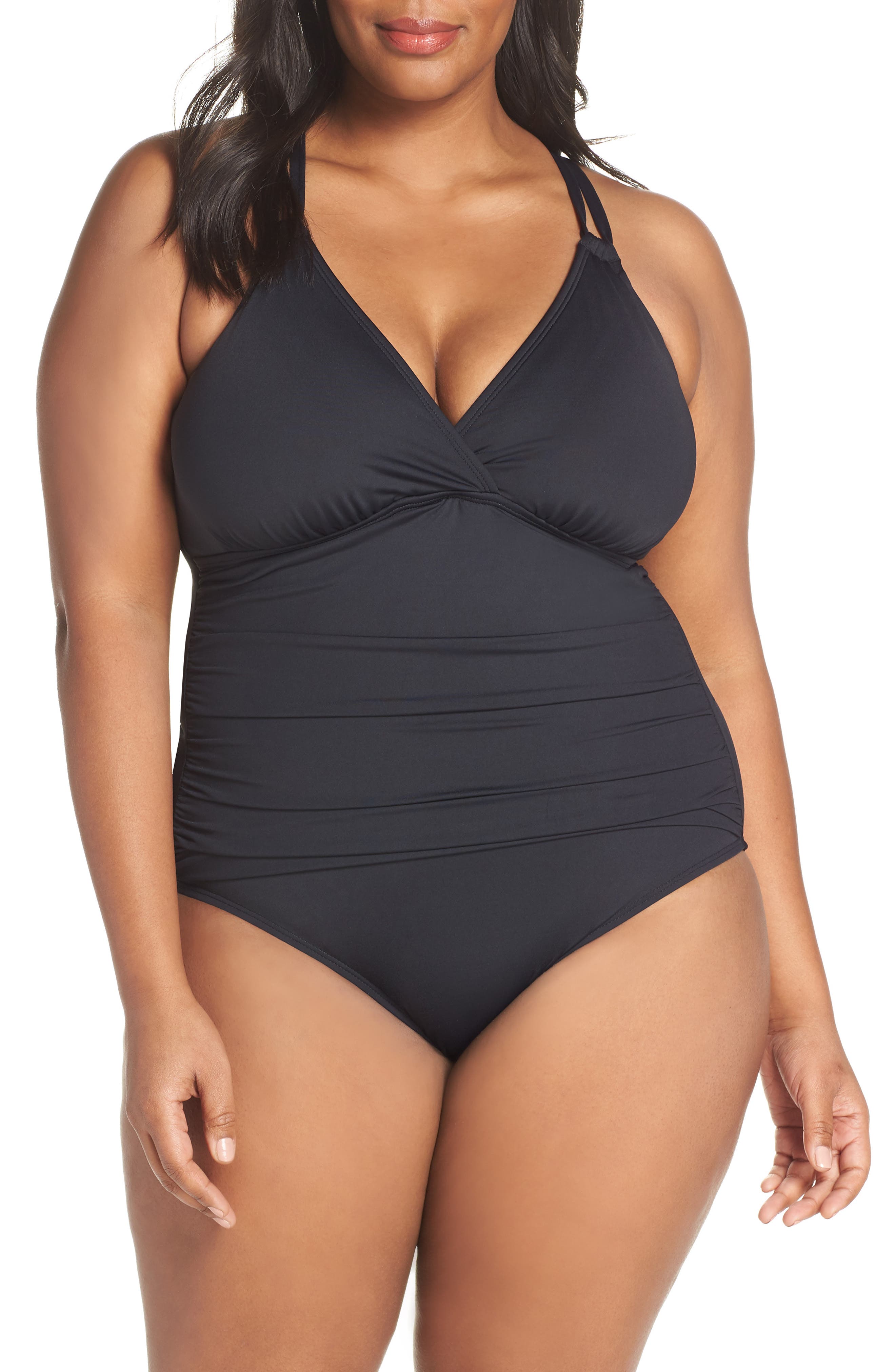 Plus Size La Blanca Surplice One-Piece Swimsuit, Black