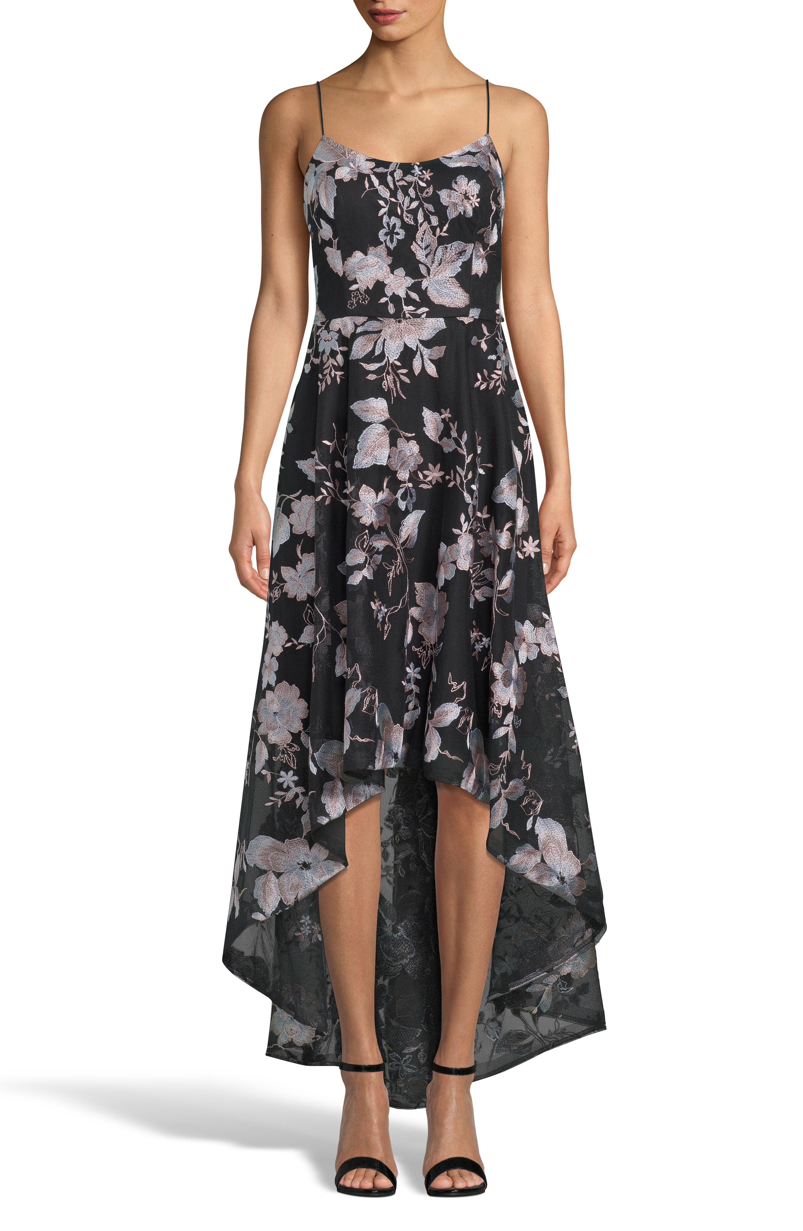 Xscape Floral Embroidery High/low Cocktail Dress, Black