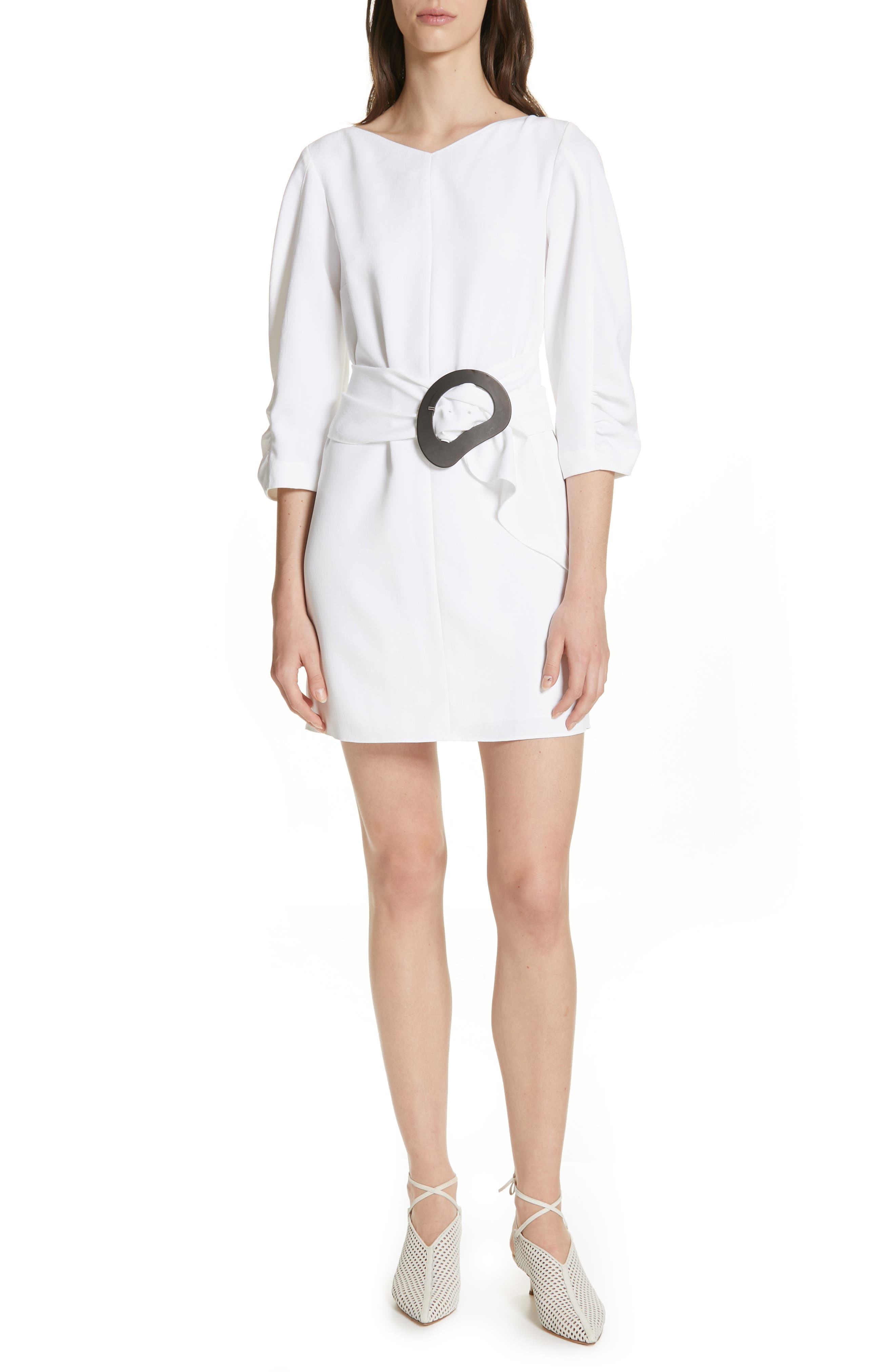 Tibi Shirred Sleeve Drape Twill Dress, White