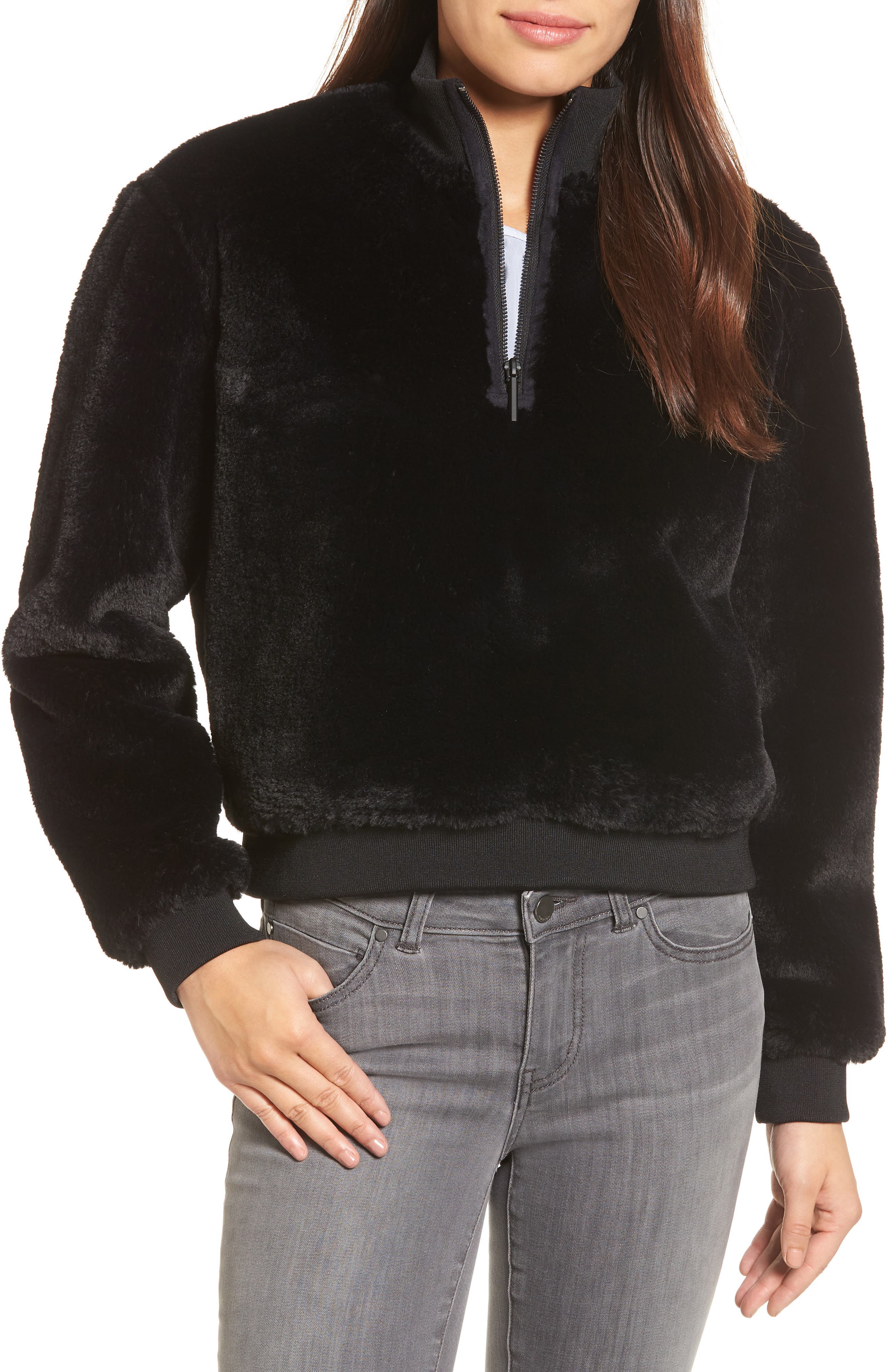 Kenneth Cole New York Half-Zip Faux Fur Sweatshirt, Black