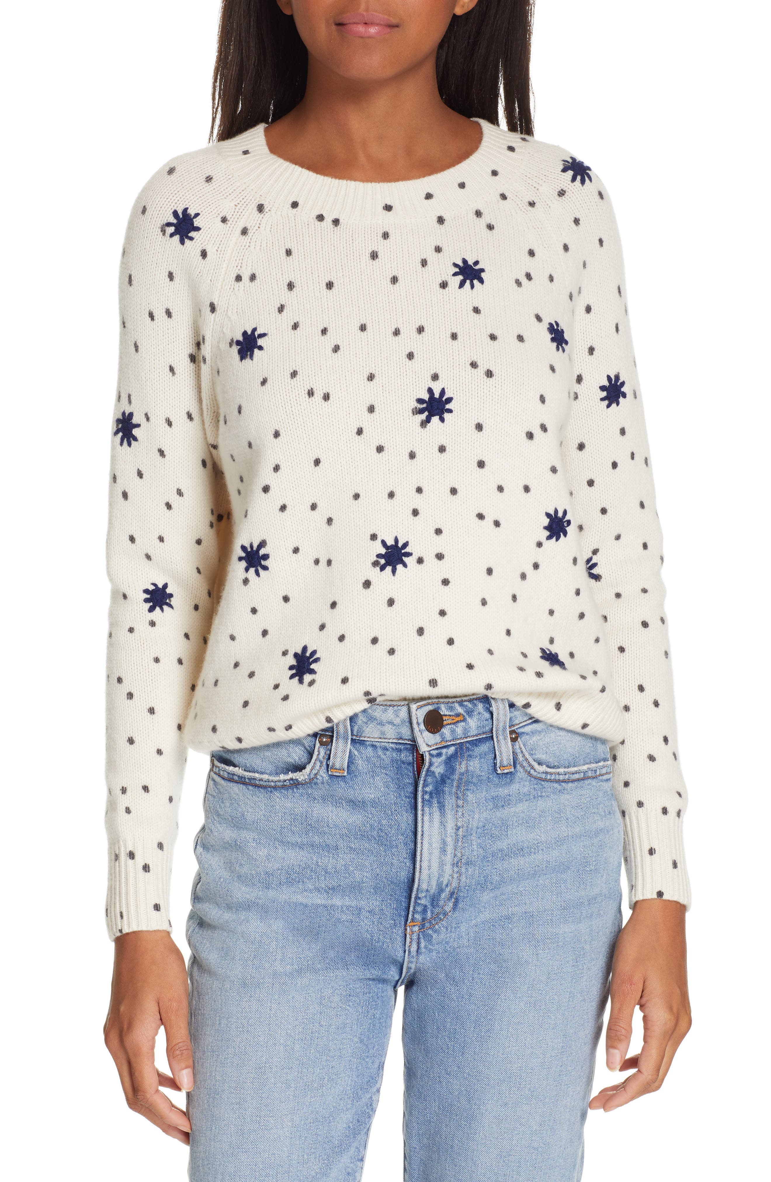 La Vie Rebecca Taylor Embroidered Dot Wool Blend Sweater, Ivory