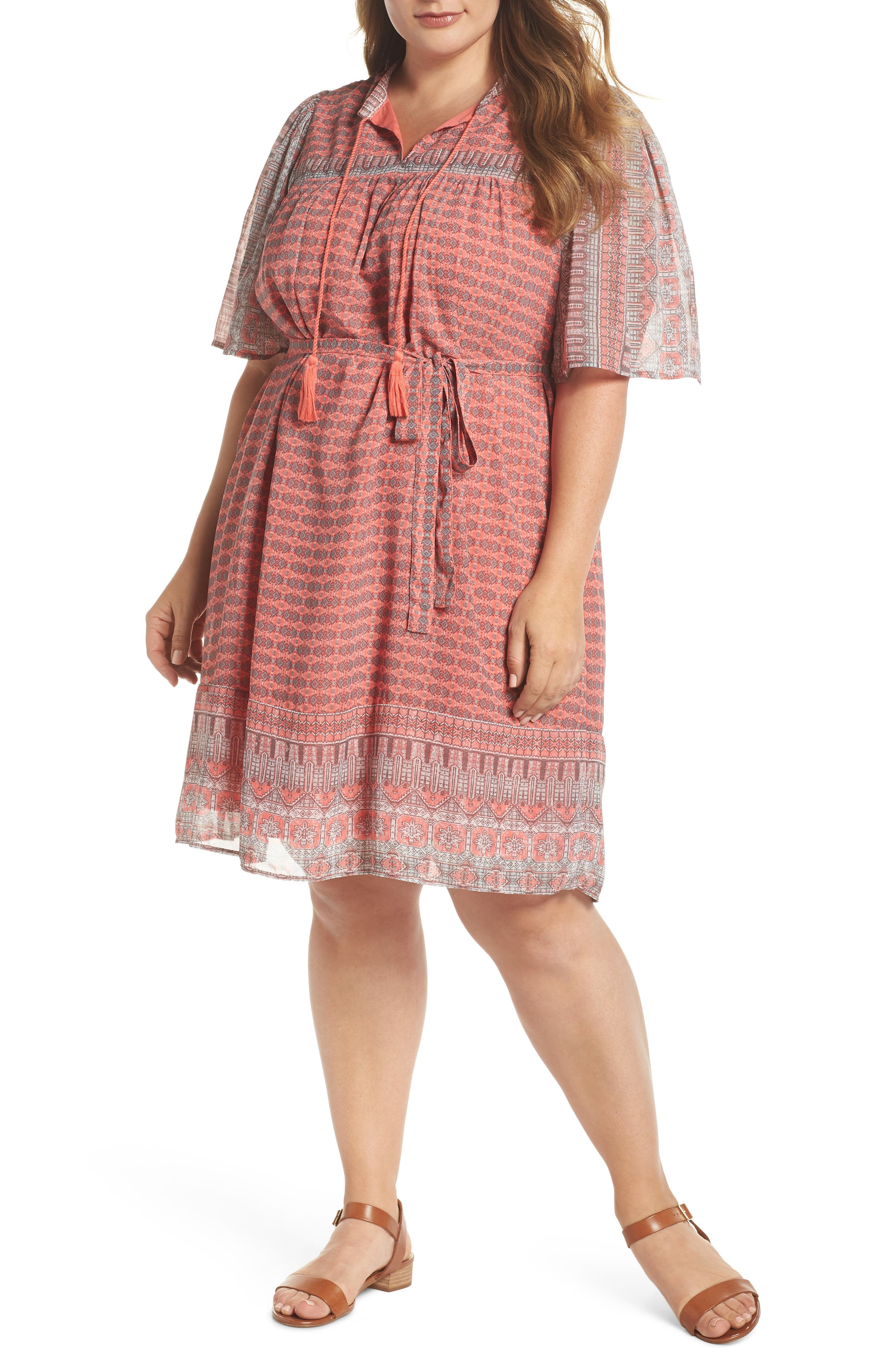 Plus Size Lucky Brand Jenna Print Peasant Dress, Coral