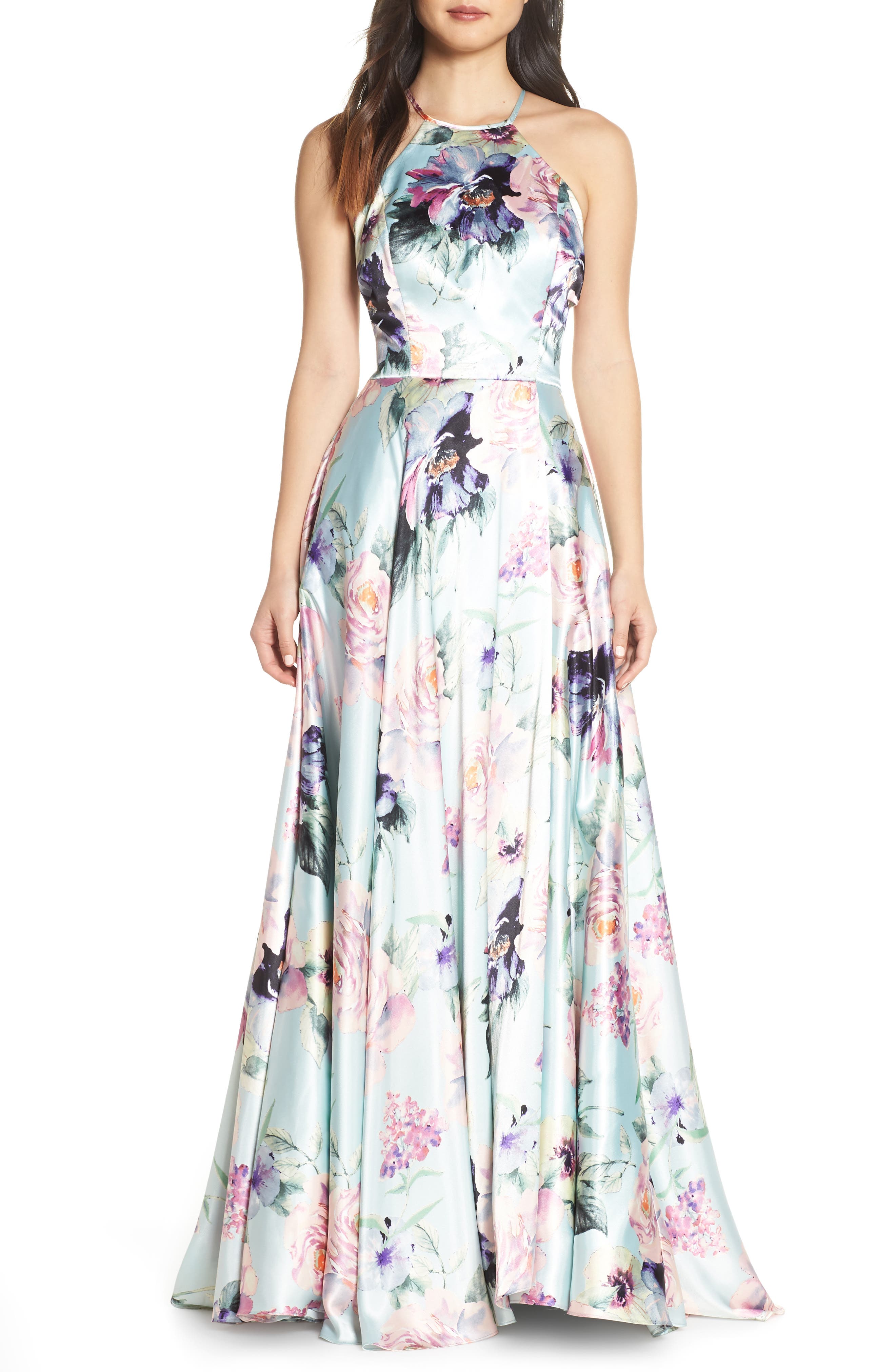 Blondie Nites Floral Print Charmeuse Evening Dress, Green