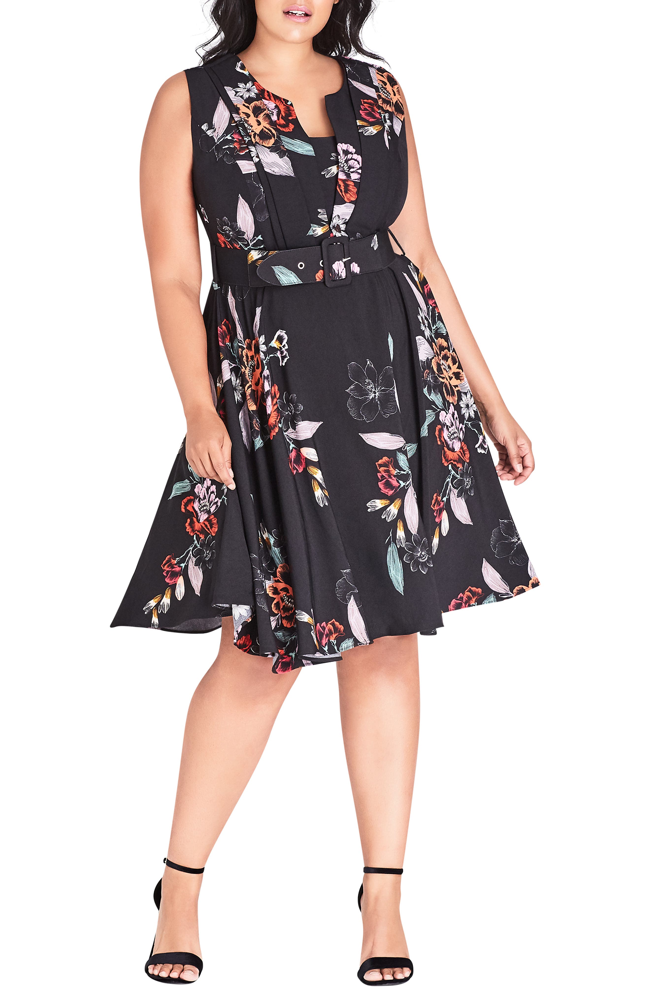 Plus Size City Chic Etch Bouquet Belted A-Line Dress, Black