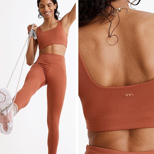 Full view and close-up of a woman wearing an orange sports bra and matching leggings.