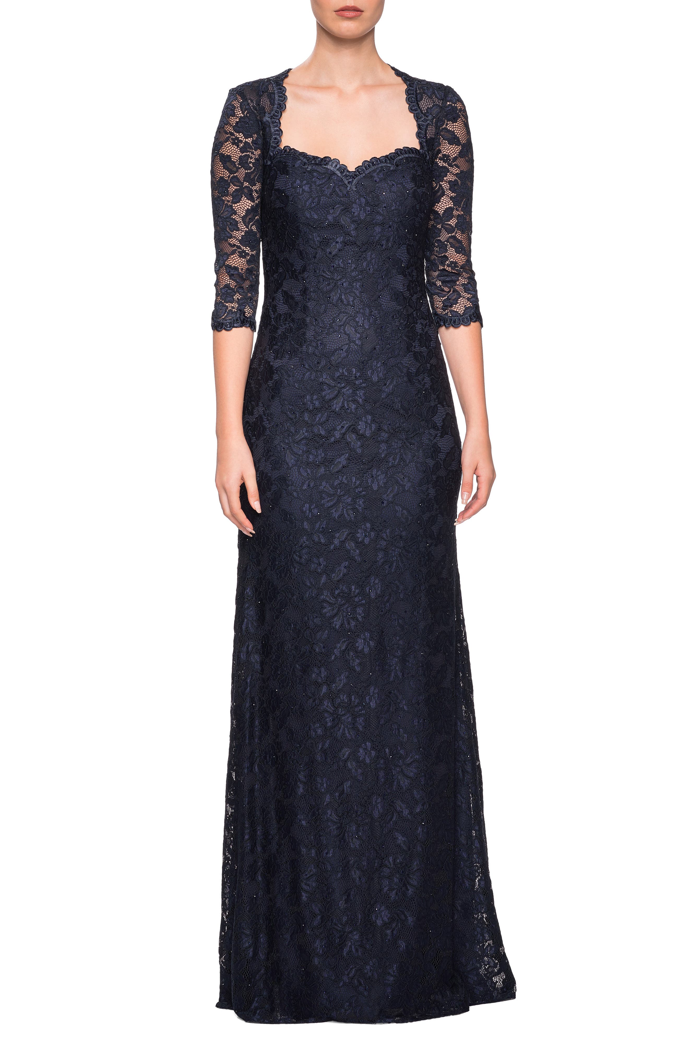 La Femme Lace Column Gown, Blue