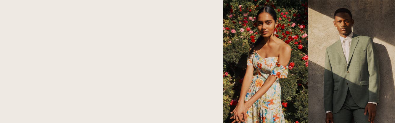 The Wedding Shop: a woman in a floral dress; a woman in an orange dress; a man in a suit.