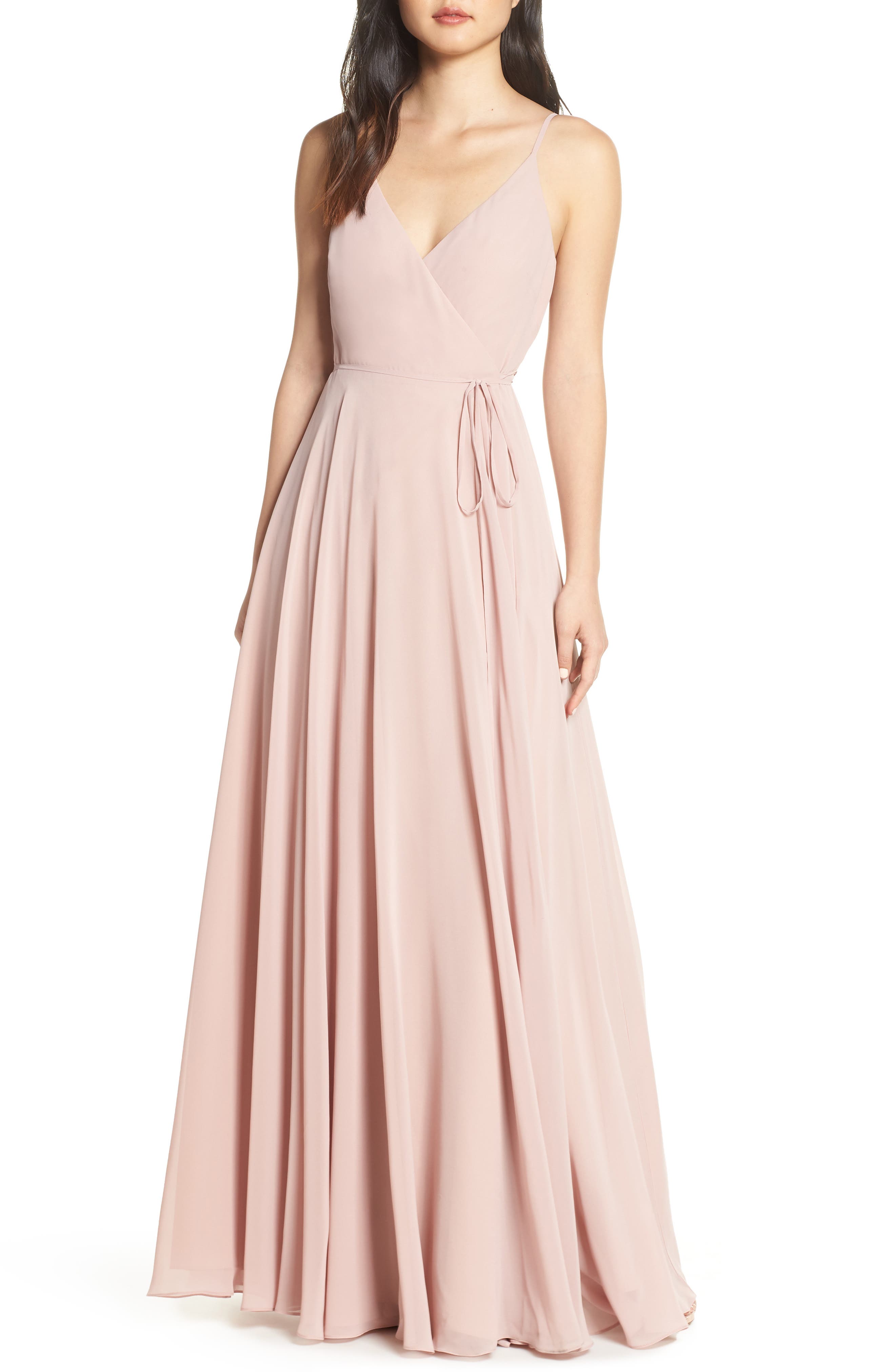 Jenny Yoo James Sleeveless Wrap Chiffon Evening Dress, Pink