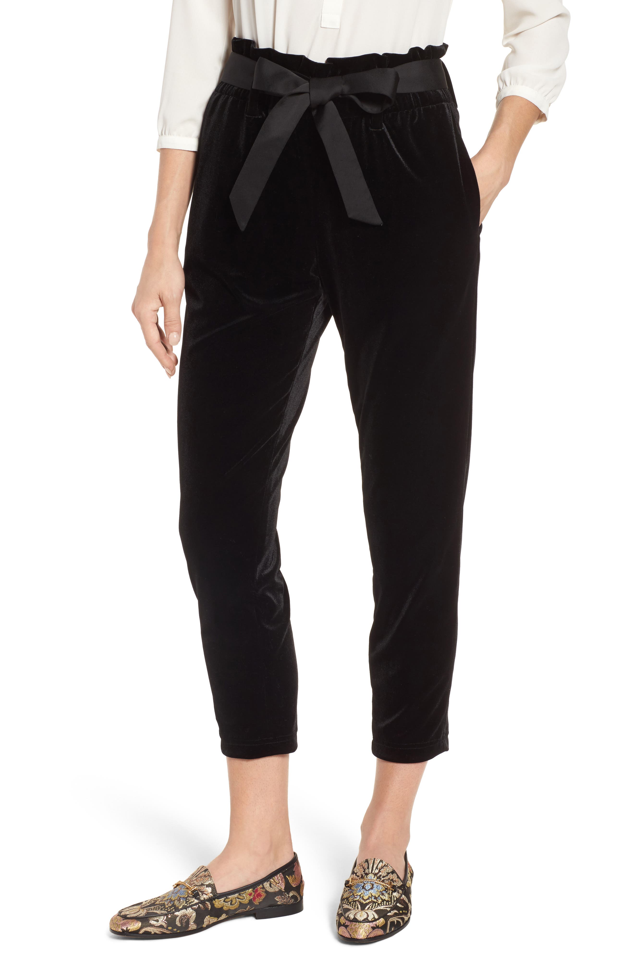 Tie Waist Velvet Pants, Main, color, BLACK