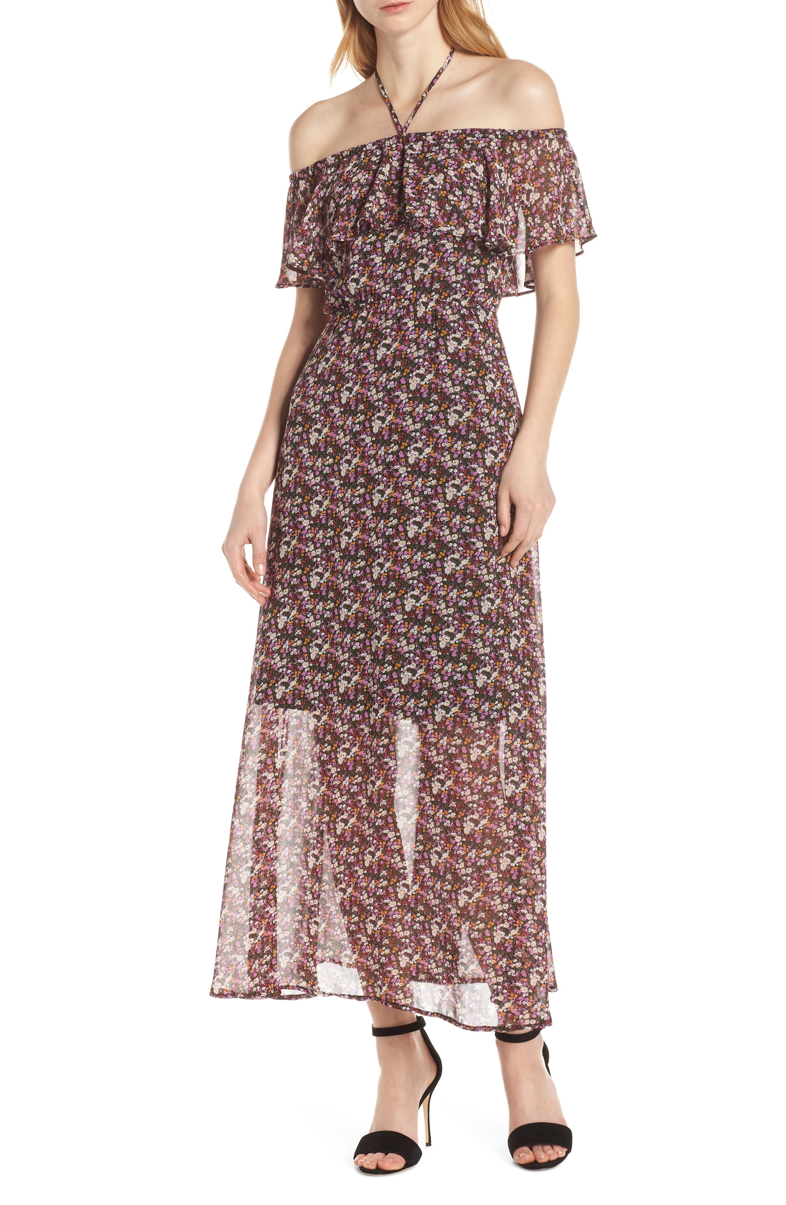Sam Edelman Ditsy Floral Off The Shoulder Chiffon Maxi Dress, Pink