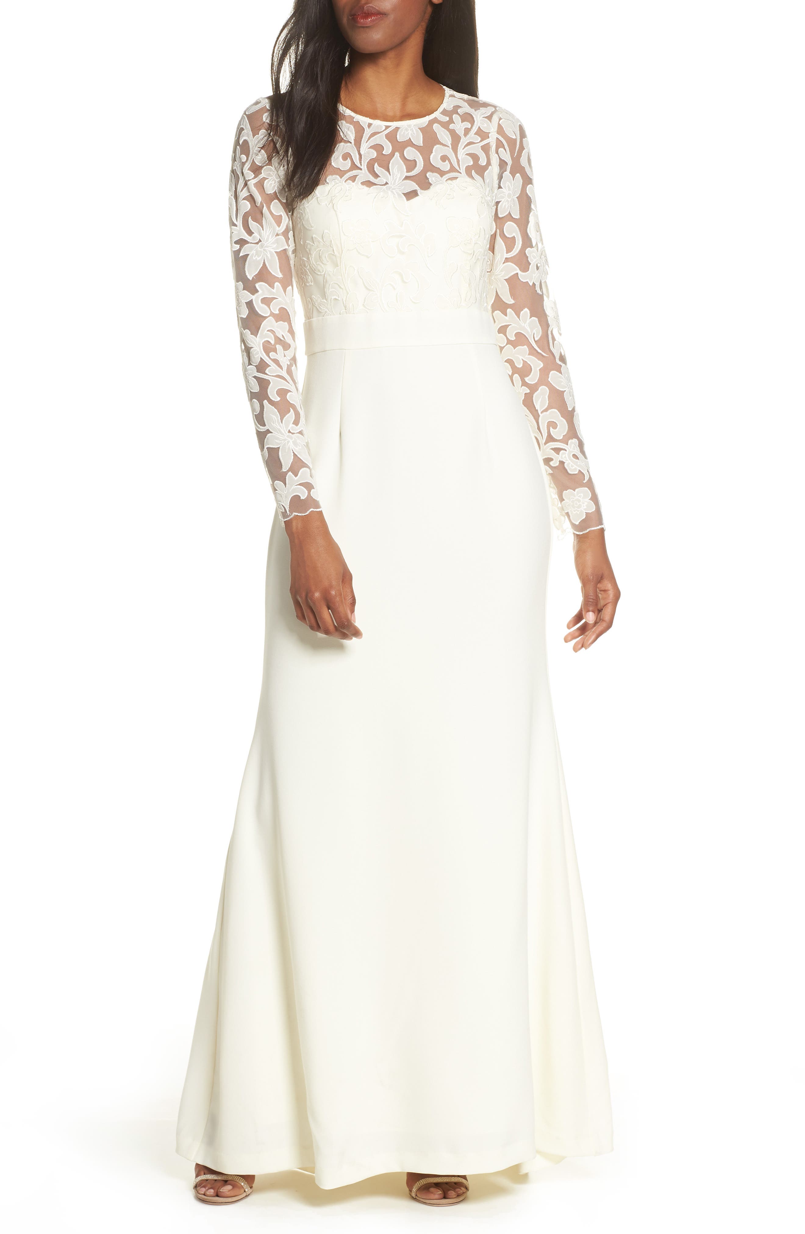 Eliza J Long Sleeve Embroidered Mesh Bodice Trumpet Gown, Ivory