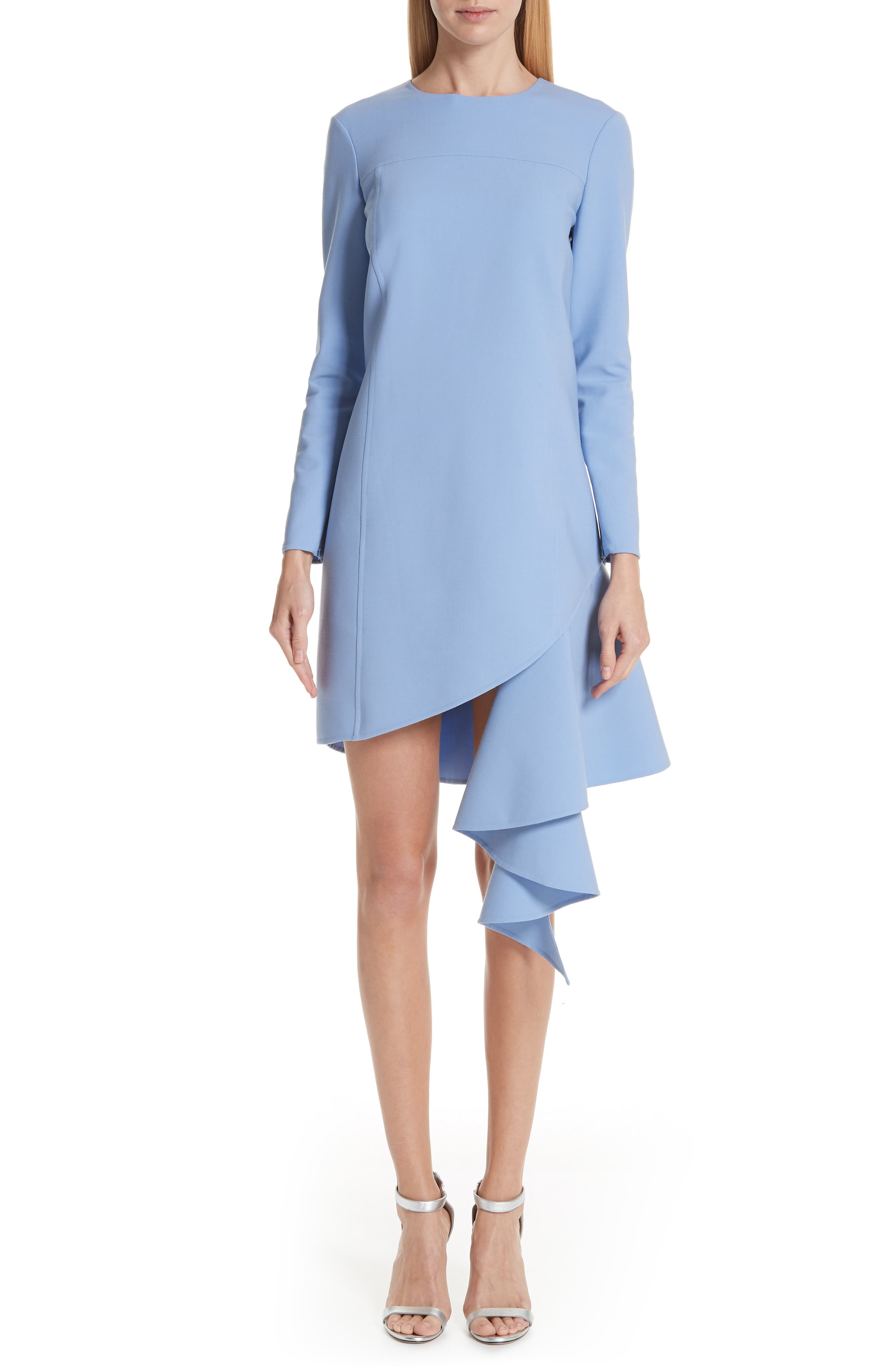 Oscar De La Renta Asymmetrical Ruffle Hem Stretch Wool Dress, Blue