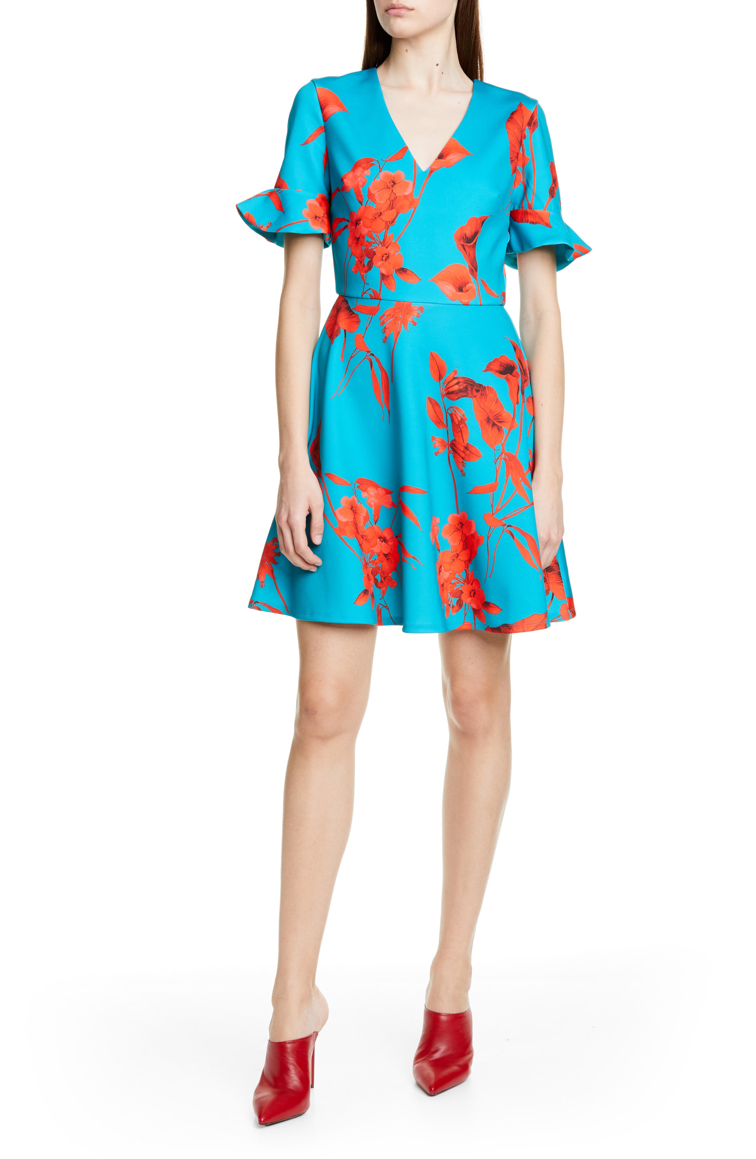 Ted Baker London Chynaa Fantasia V-Neck Skater Dress, Blue