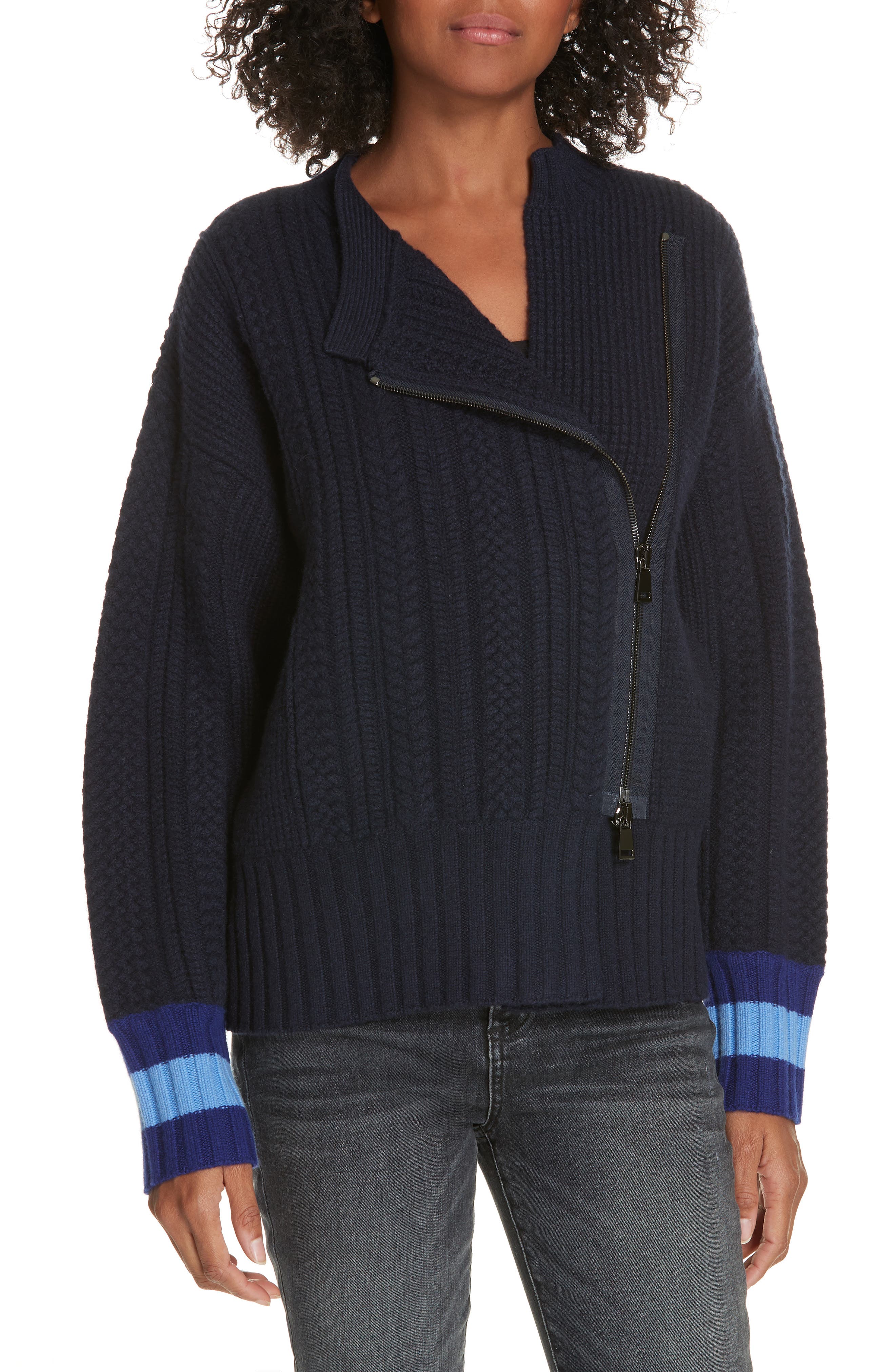 Lewit Asymmetrical Zip Front Wool & Cashmere Sweater, Blue