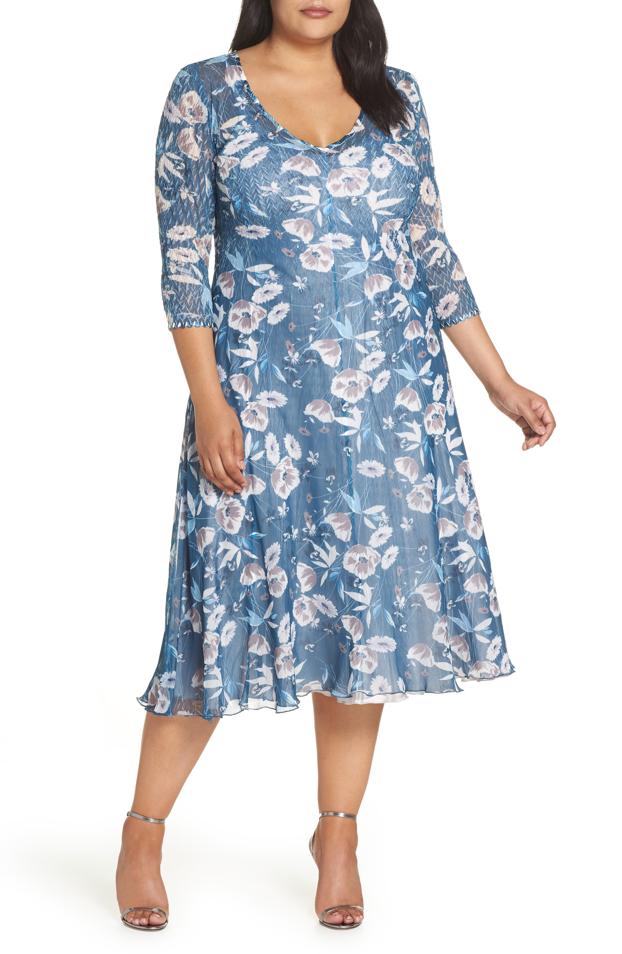 Plus Size Komarov Charmeuse & Chiffon A-Line Dress, Blue/green