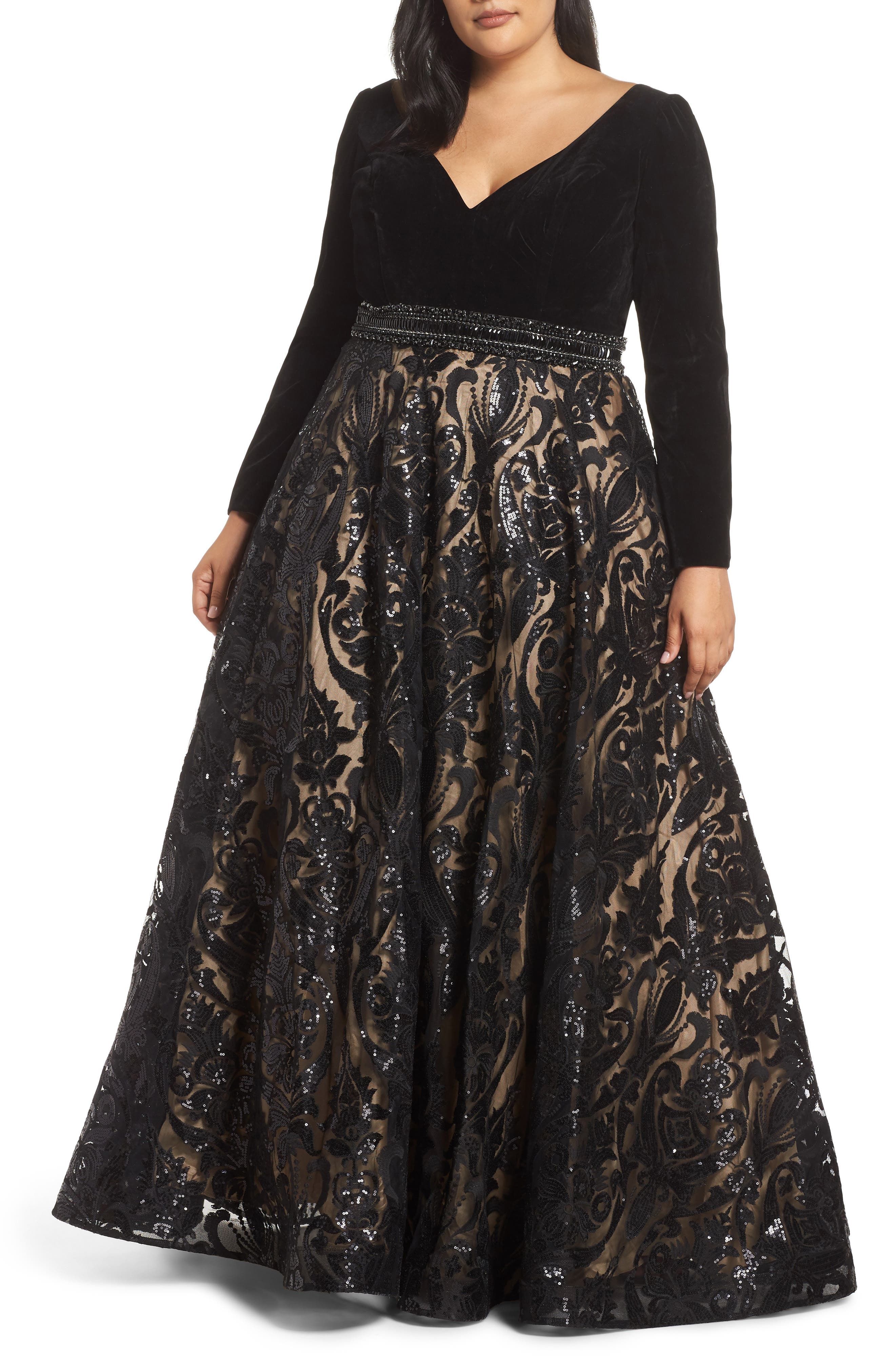 Plus Size MAC Duggal Velvet & Sequin Jacquard Ballgown