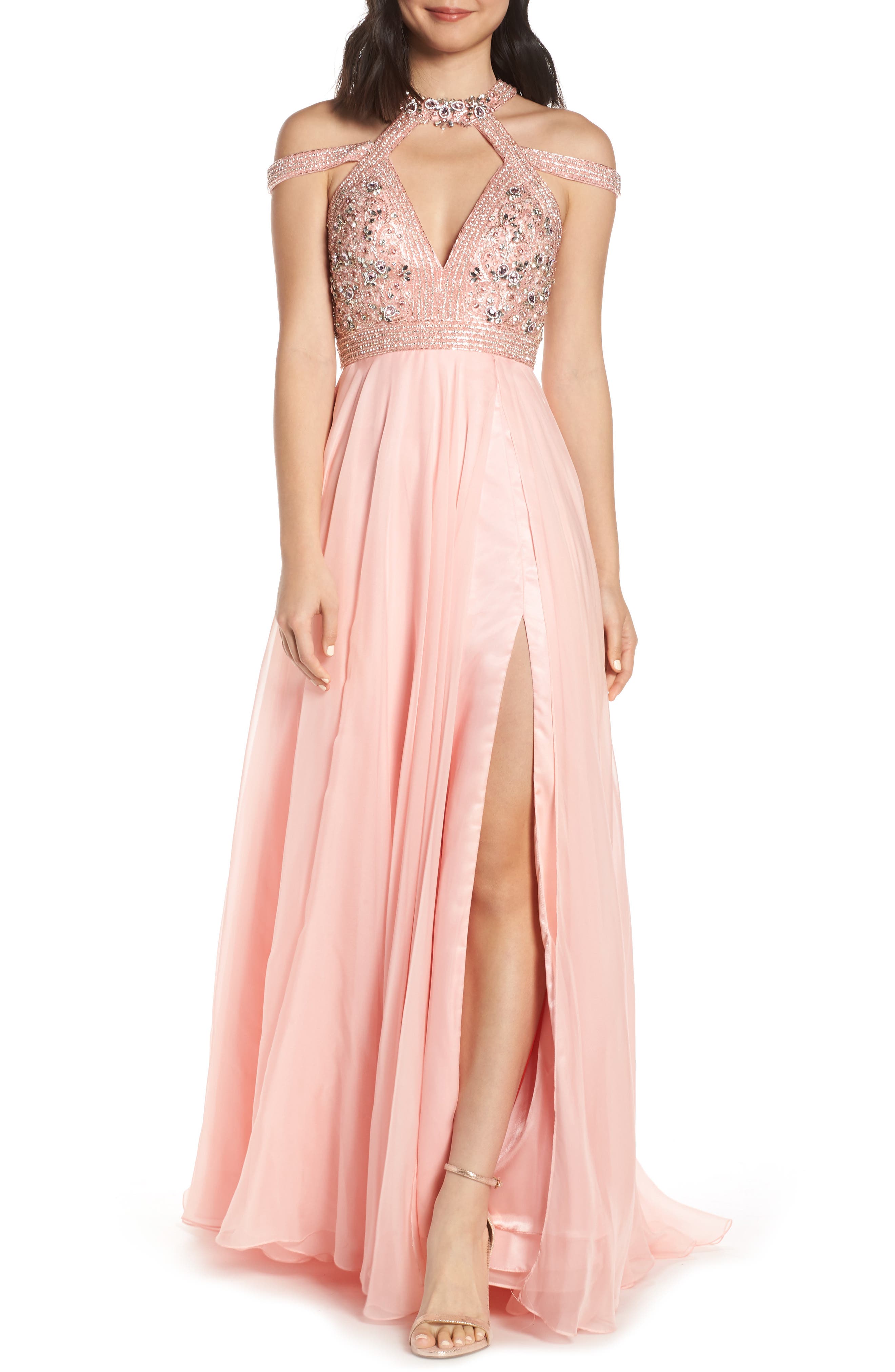 MAC Duggal Strappy Beaded Bodice Chiffon Evening Dress, Pink