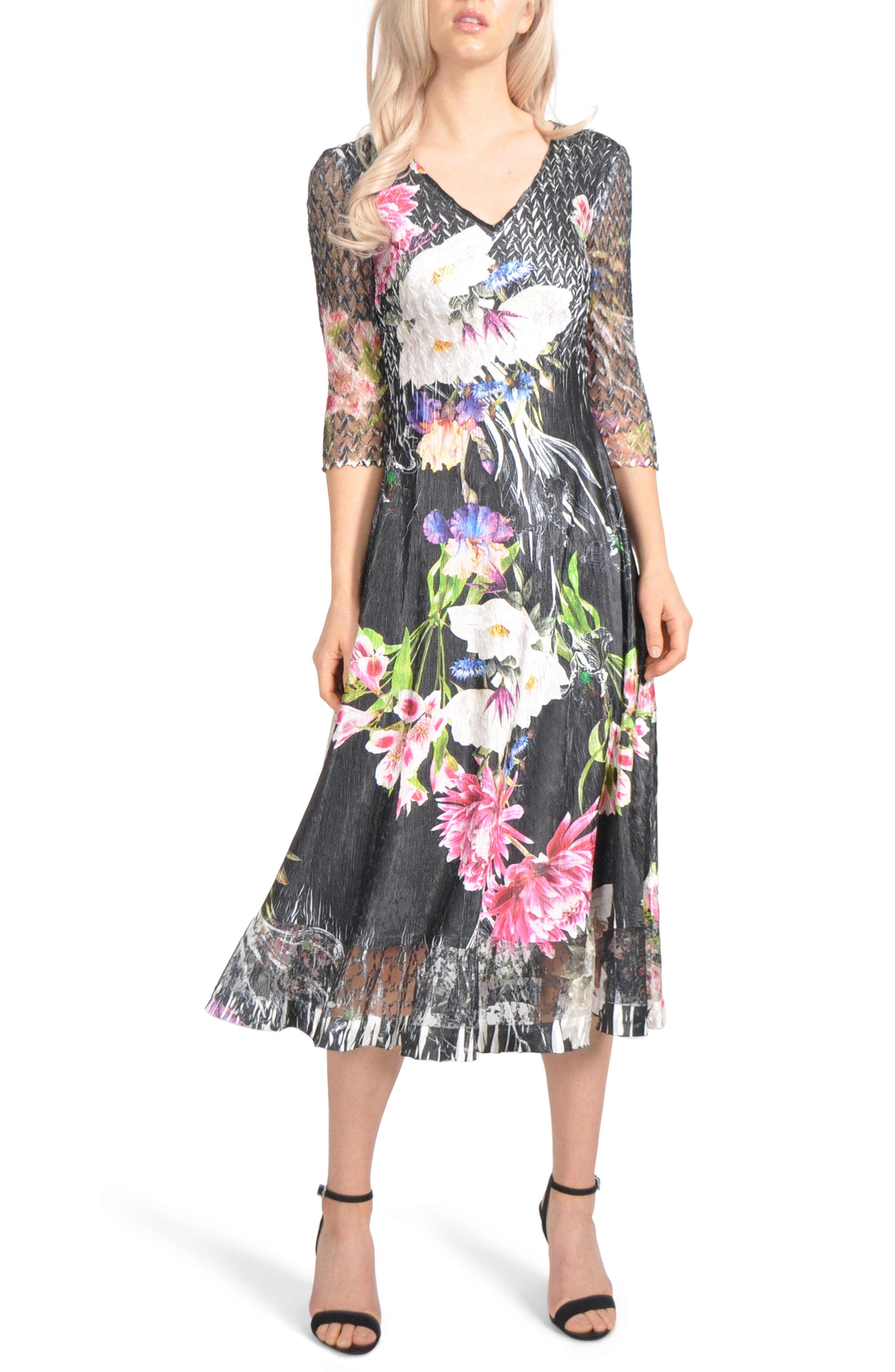 Petite Komarov Charmeuse & Chiffon Midi Dress, Black