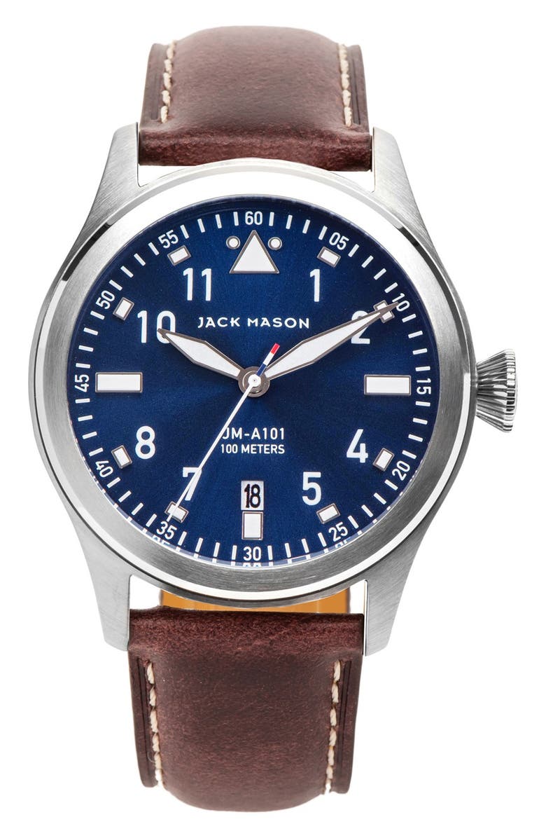 Jack Mason Aviator Leather Strap Watch, 42mm | Nordstrom