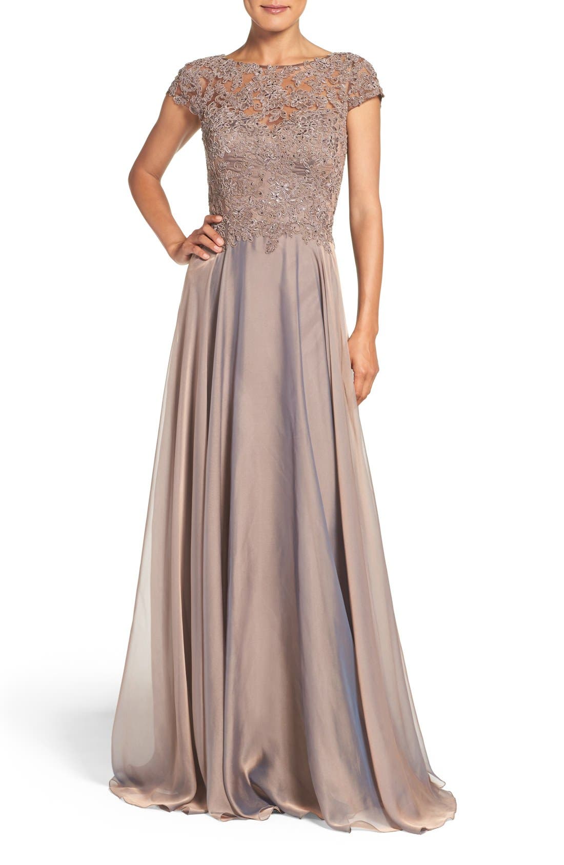 La Femme Embellished Lace & Satin Ballgown, Brown