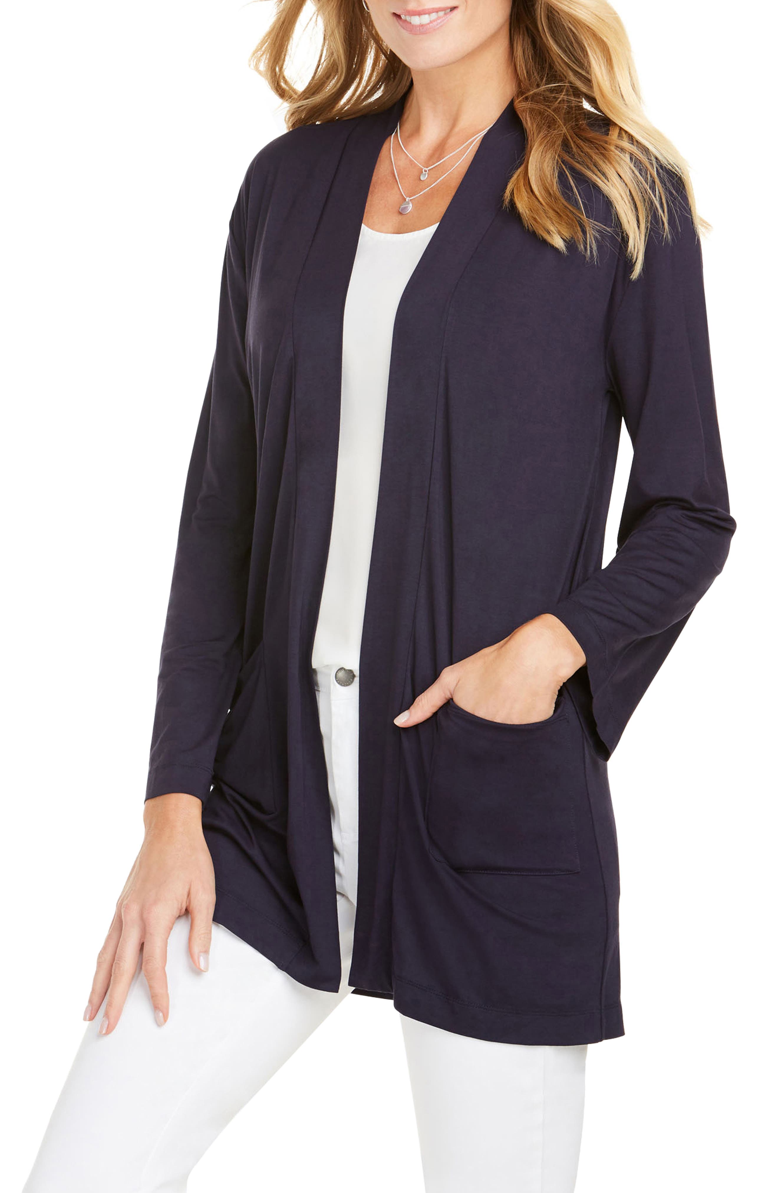 Foxcroft Lessie Jersey Knit Open Front Cardigan, Blue