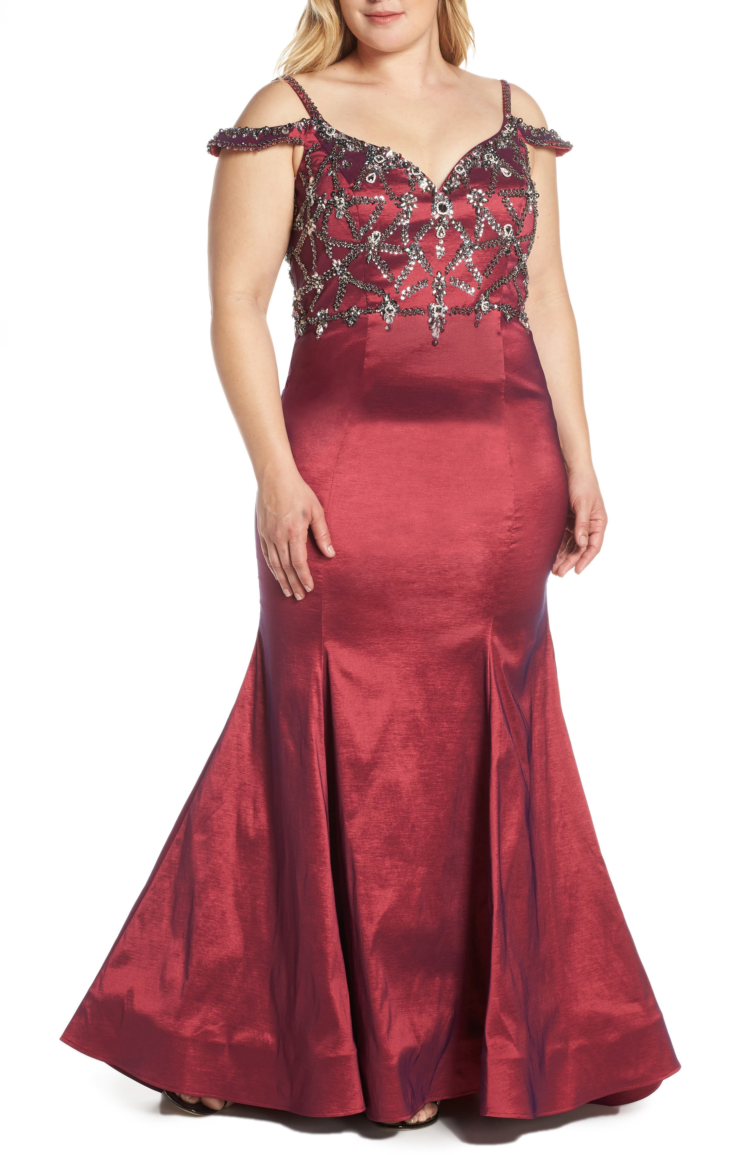 Plus Size MAC Duggal Jeweled Bodice Satin Mermaid Gown, Red