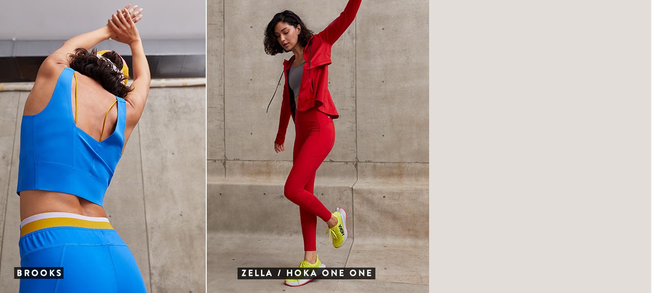 Woman in blue activewear set from Brooks. Woman in red active hoodie and tights and grey sports bra from Zella.