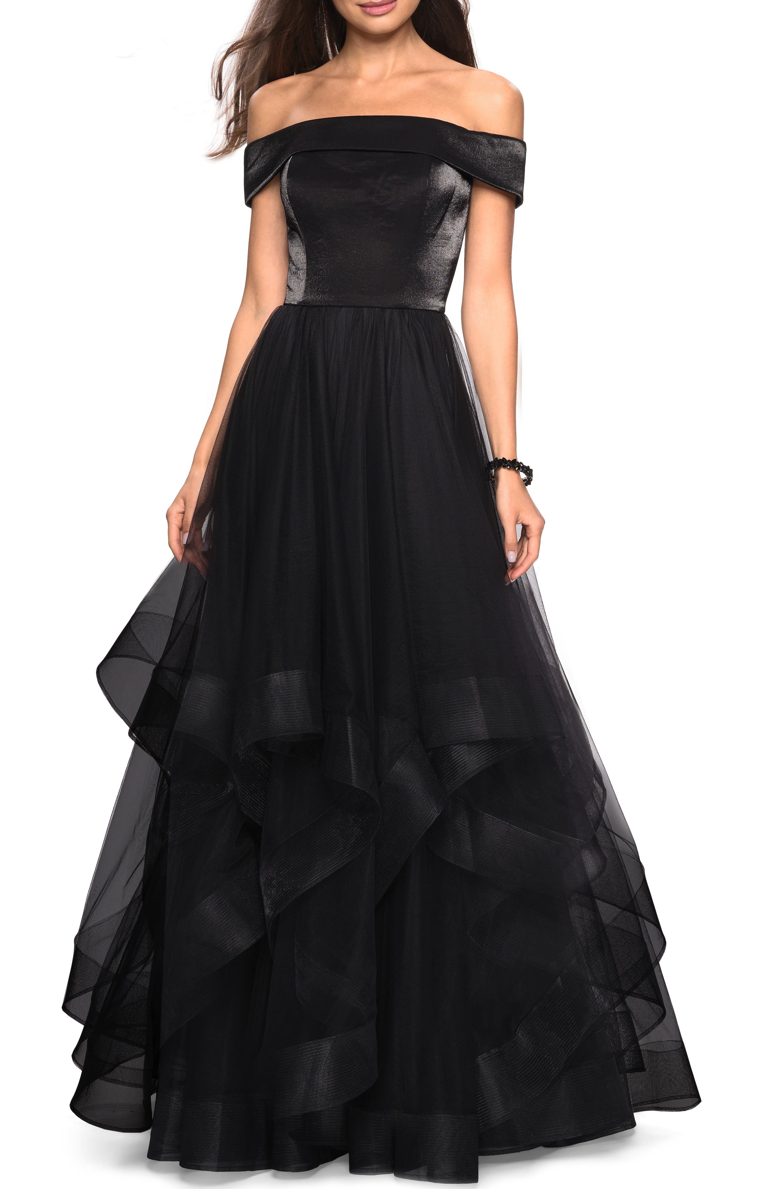 La Femme Off The Shoulder Evening Dress, Black