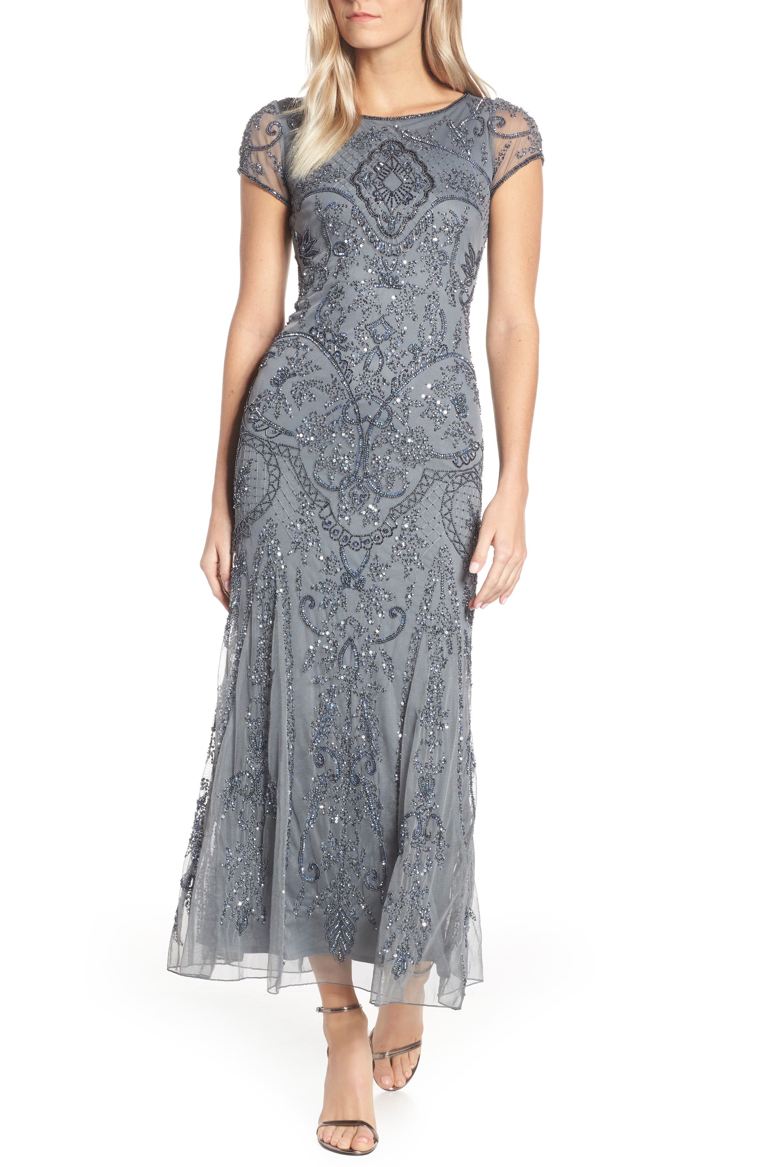 Petite Pisarro Nights Embellished Mesh Gown, Grey