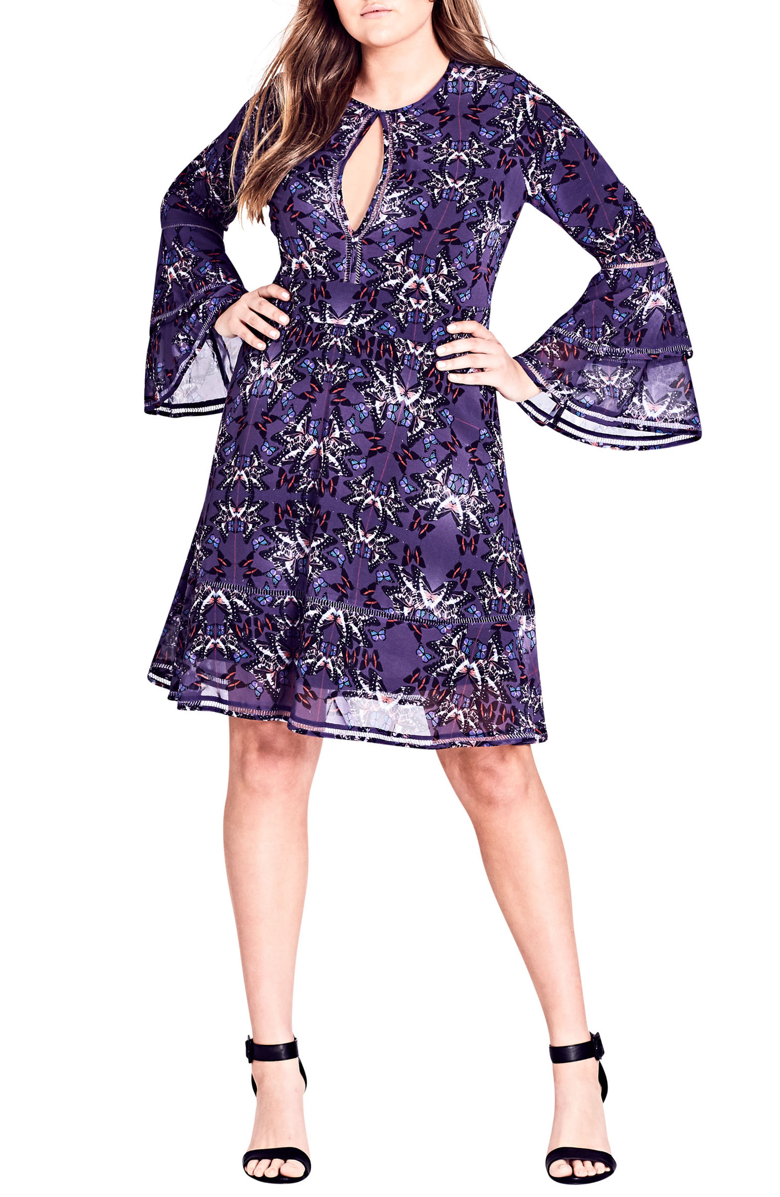 Plus Size City Chic Butterflies Fit & Flare Dress, Blue