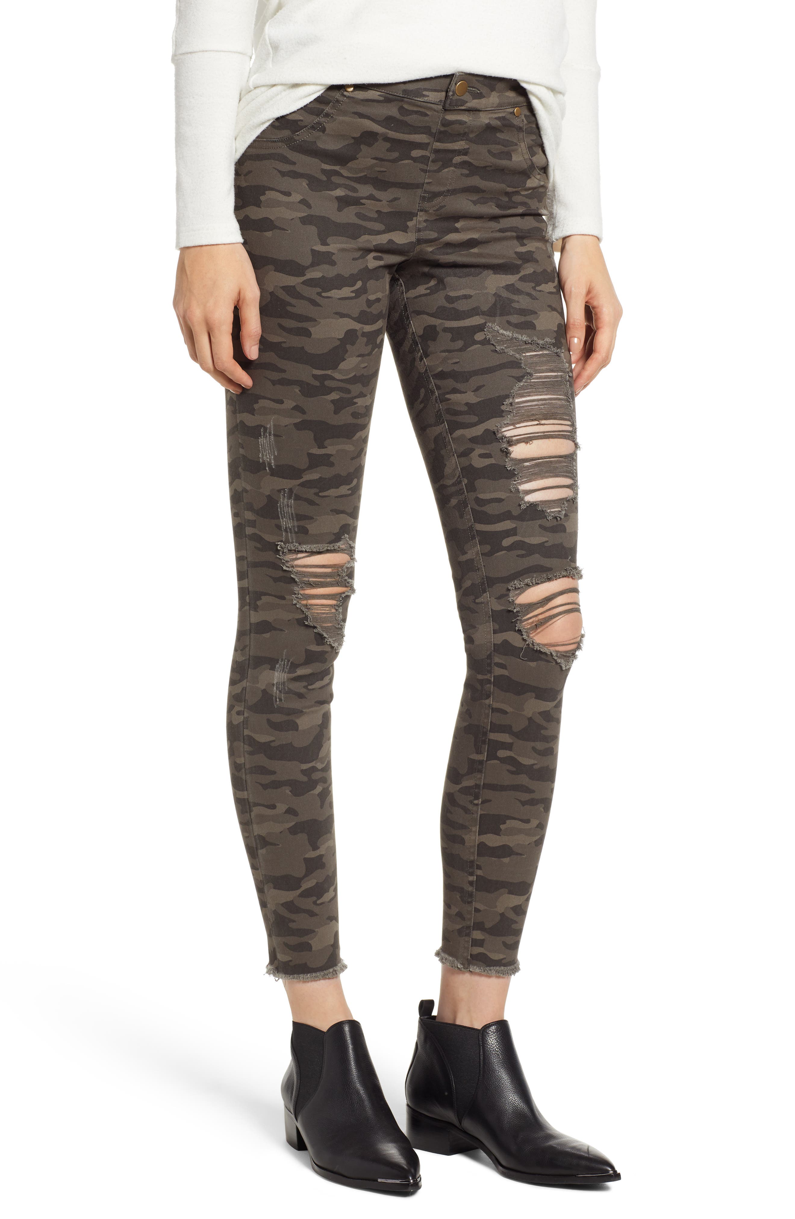 Zeza B By Hue Shredded Camo Denim Leggings, Green