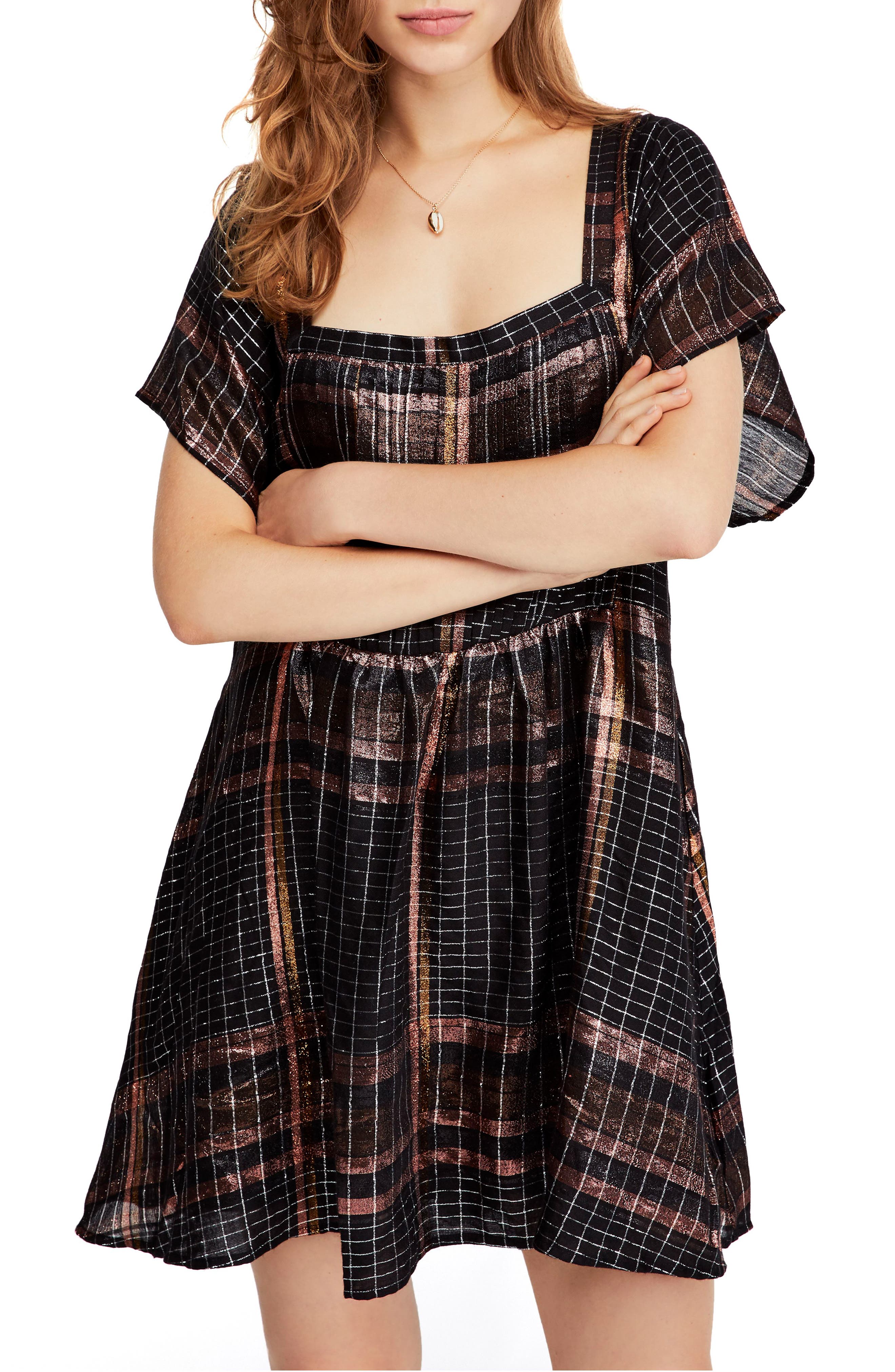 Free People Barcelona Shimmer Plaid Minidress, Black