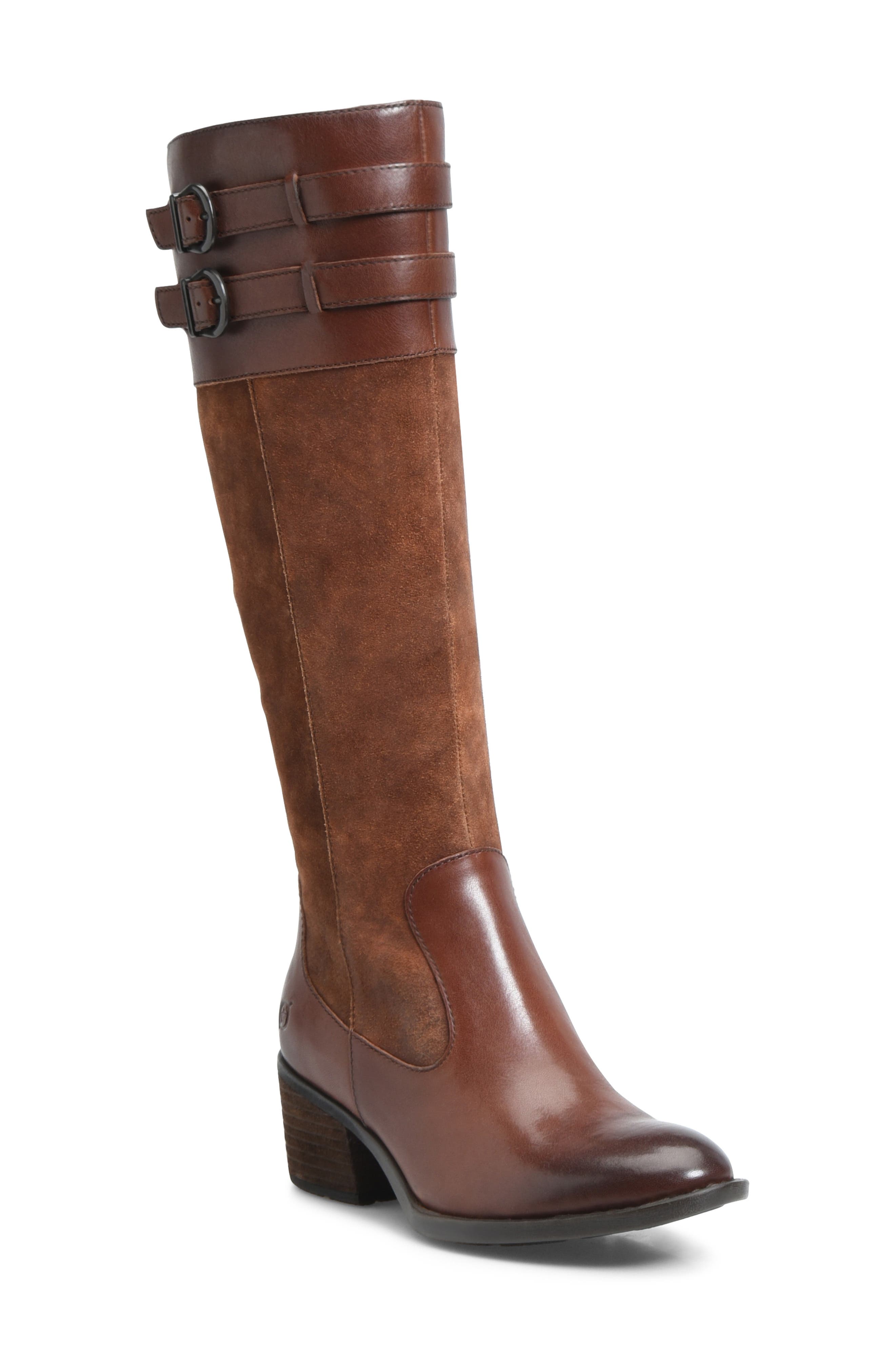 block heel knee high boots brown