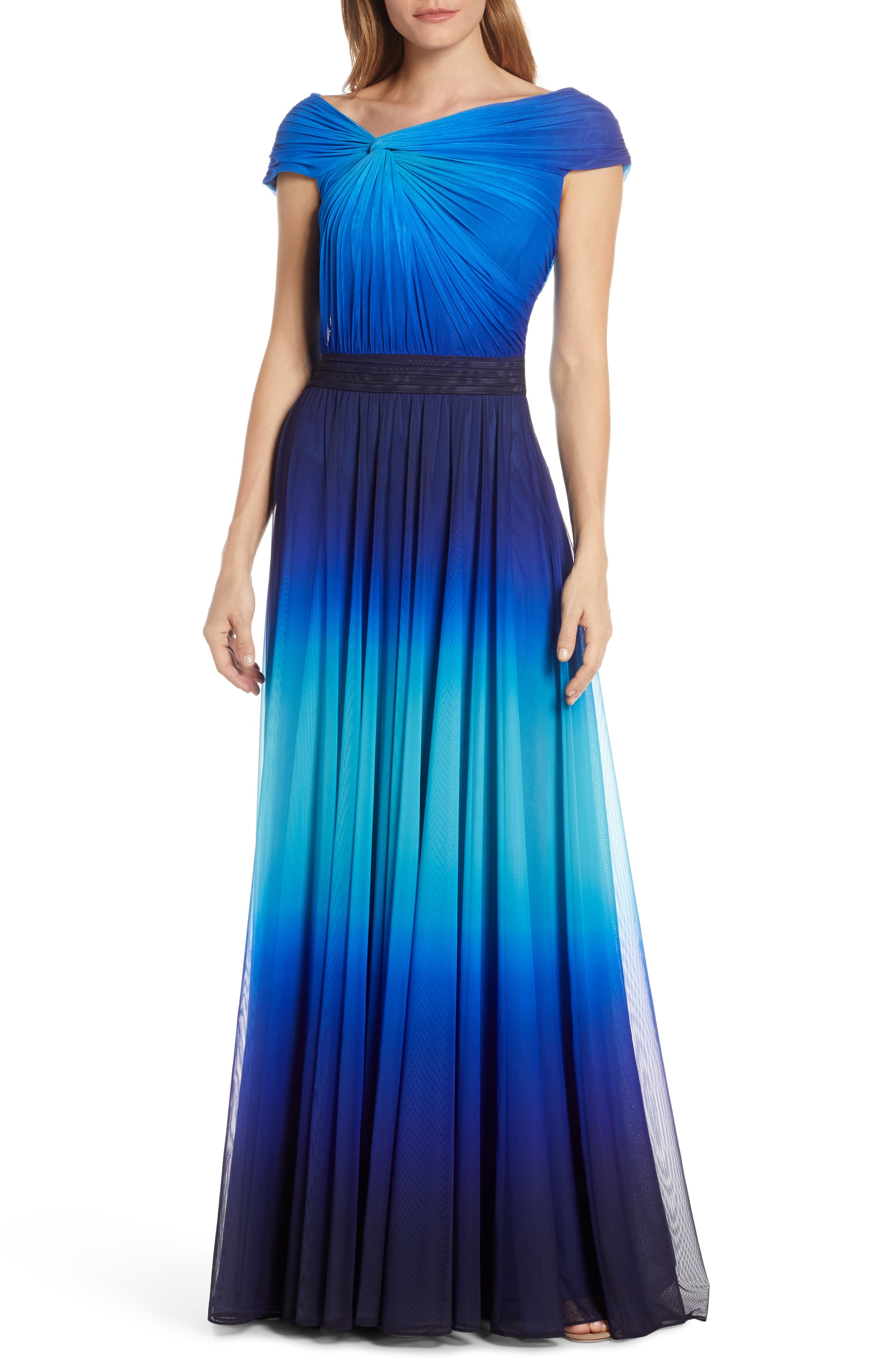 Tadashi Shoji Knotted Ombre Mesh Evening Gown, Blue