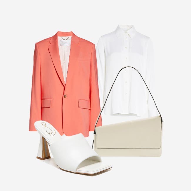 A pink blazer, white button-up shirt, cream-colored handbag and white heels.