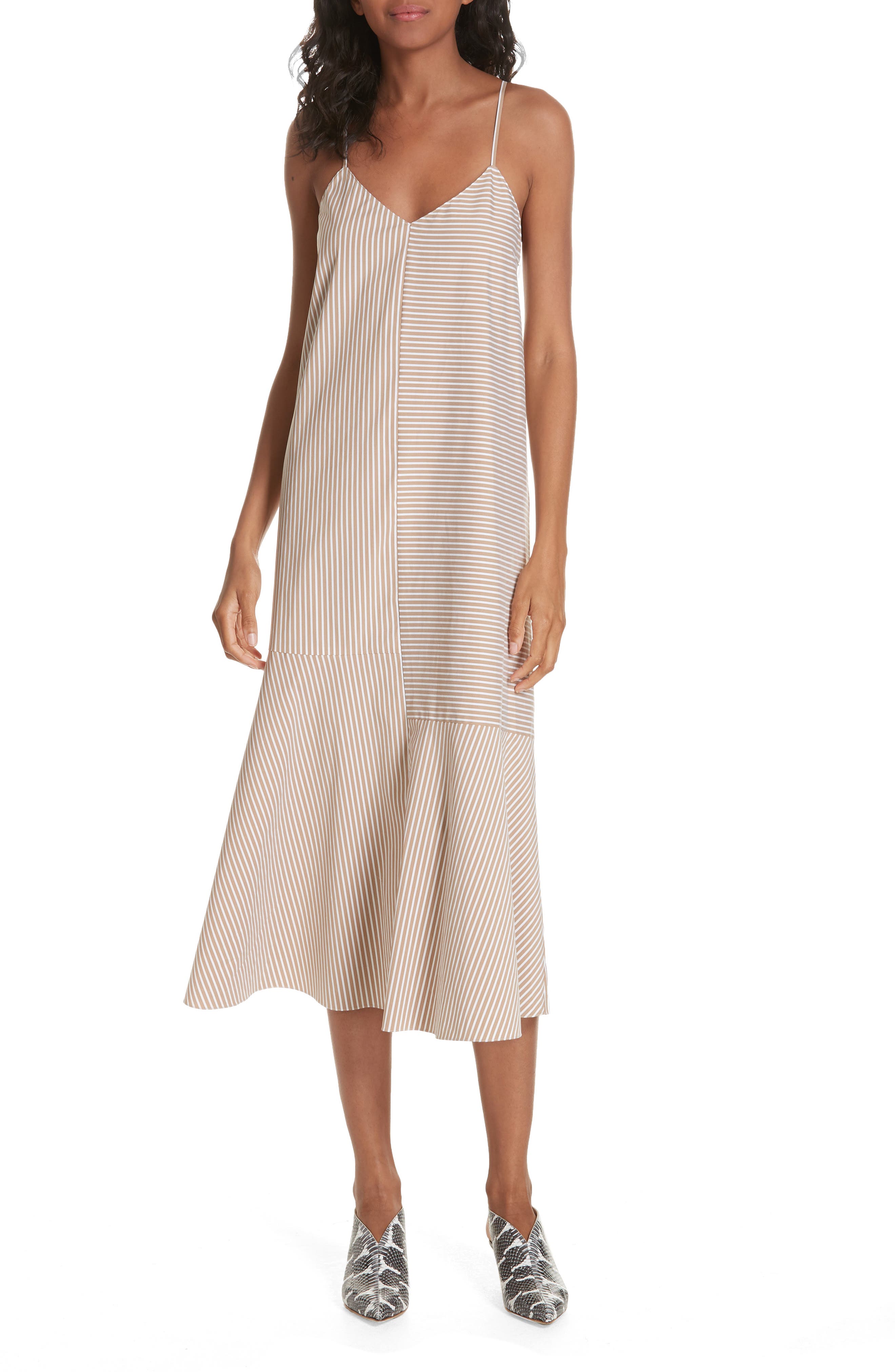 Tibi Kaia Stripe Flared Midi Dress, Beige